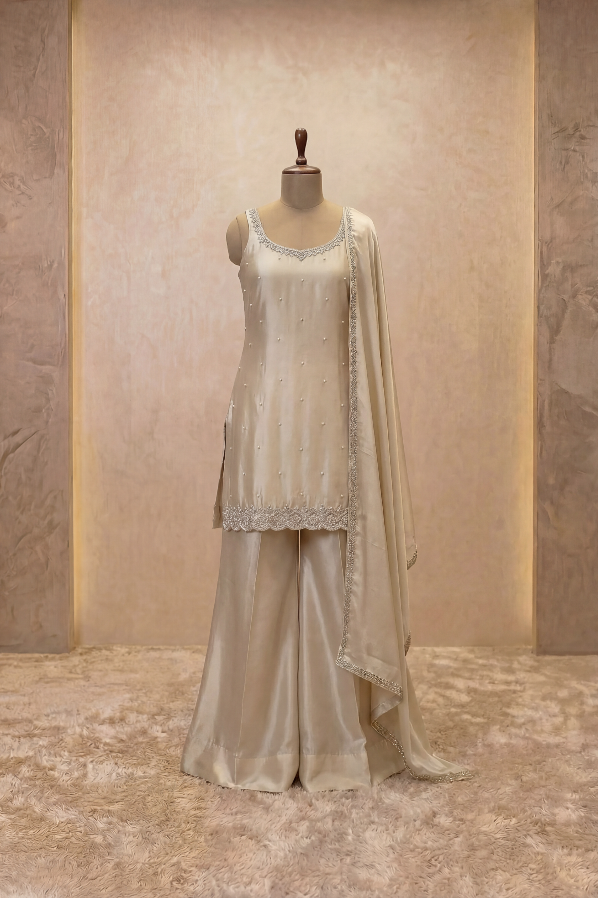 Ivory Pearl-Embellished Kurta Palazzo Set