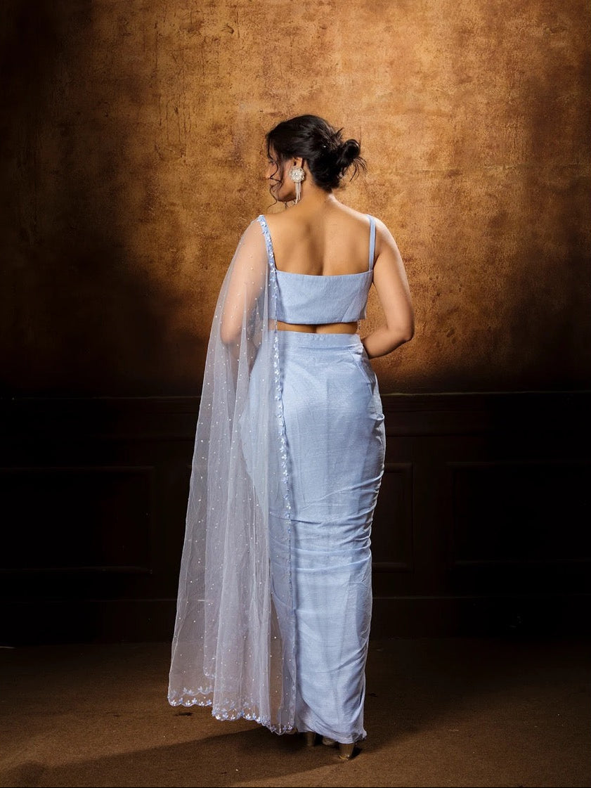 Powder Blue Drape Saree Set
