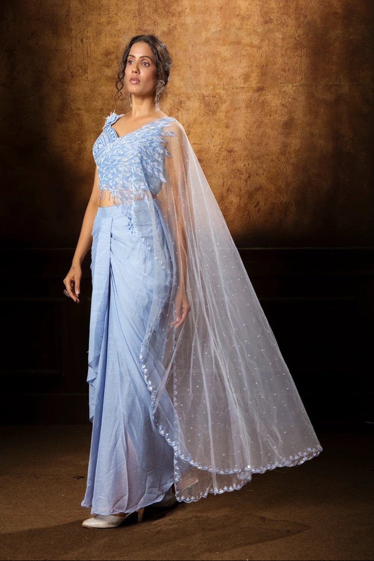 Powder Blue Drape Saree Set