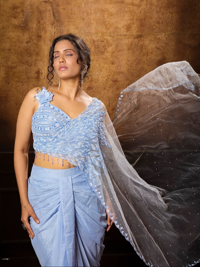 Powder Blue Drape Saree Set
