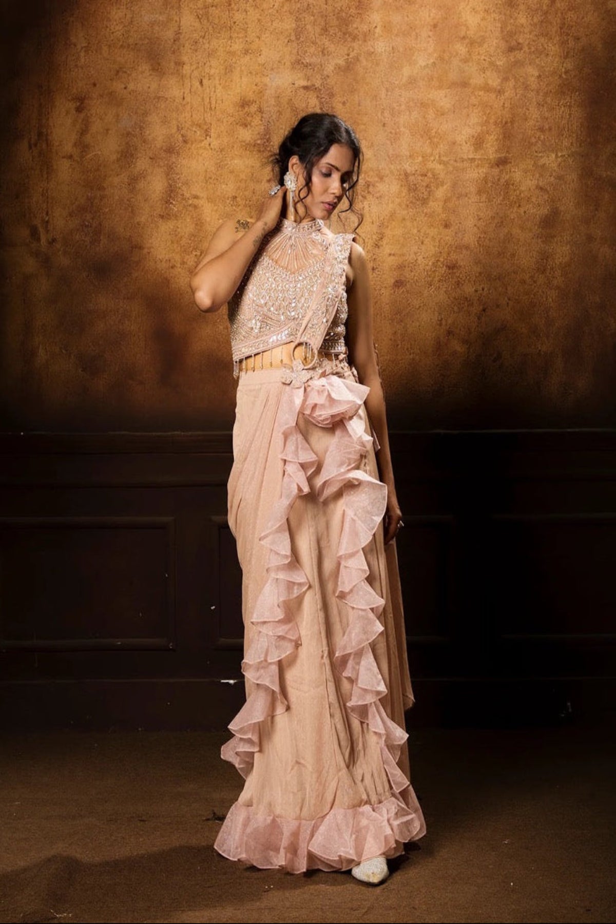 Nude Peach Ruffle Saree Set