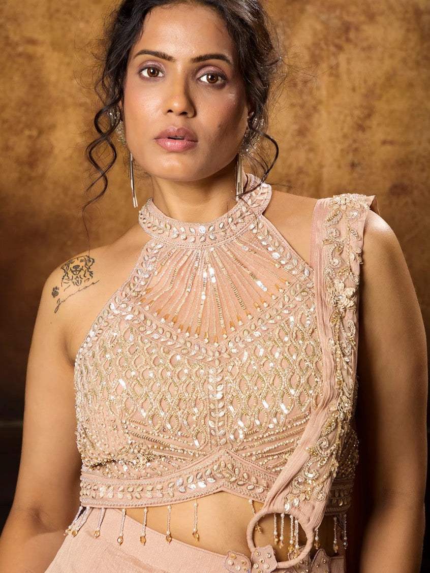 Nude Peach Ruffle Saree Set