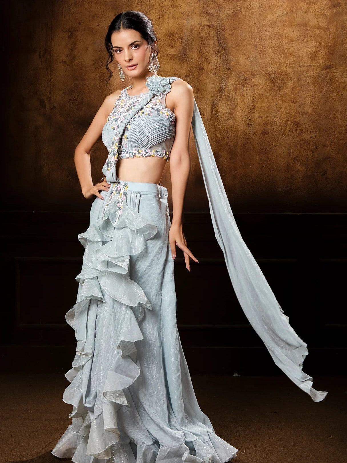 Powder Blue Ruffle Saree Set