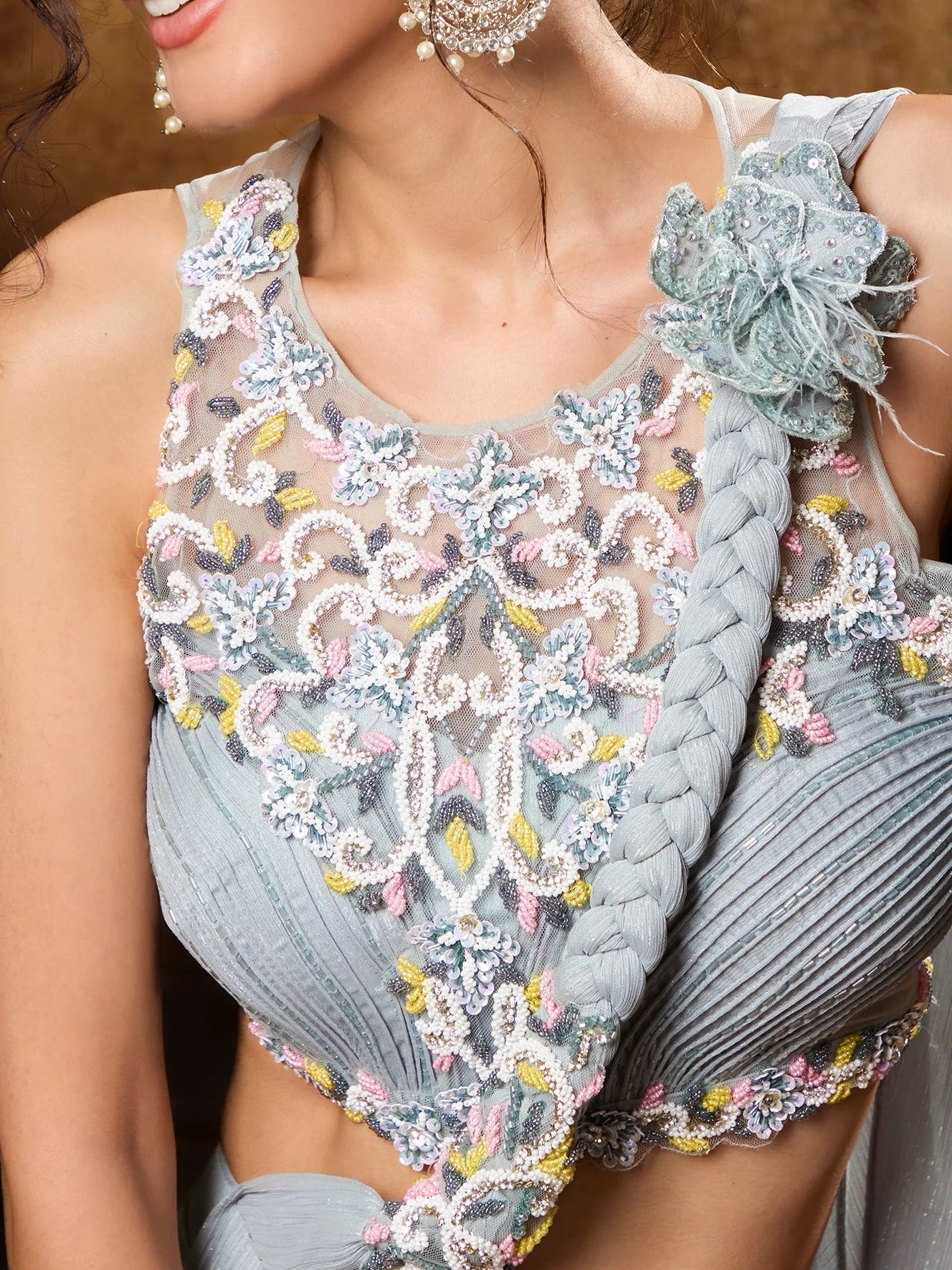 Powder Blue Ruffle Saree Set