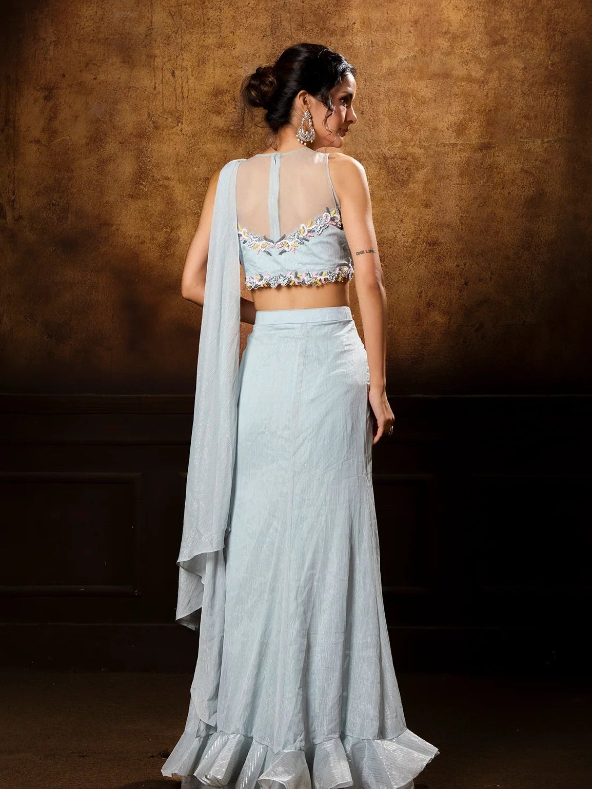 Powder Blue Ruffle Saree Set