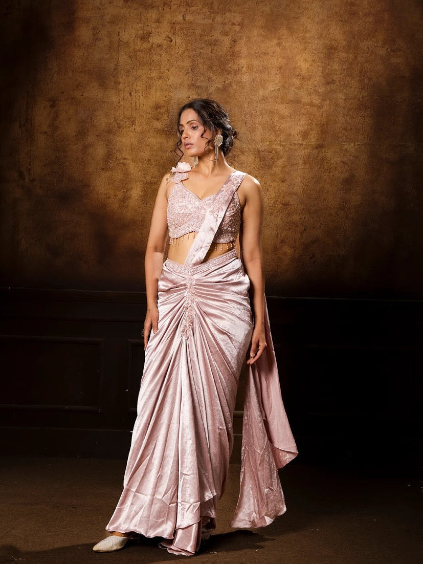 Blush Velvet Draped Saree Set
