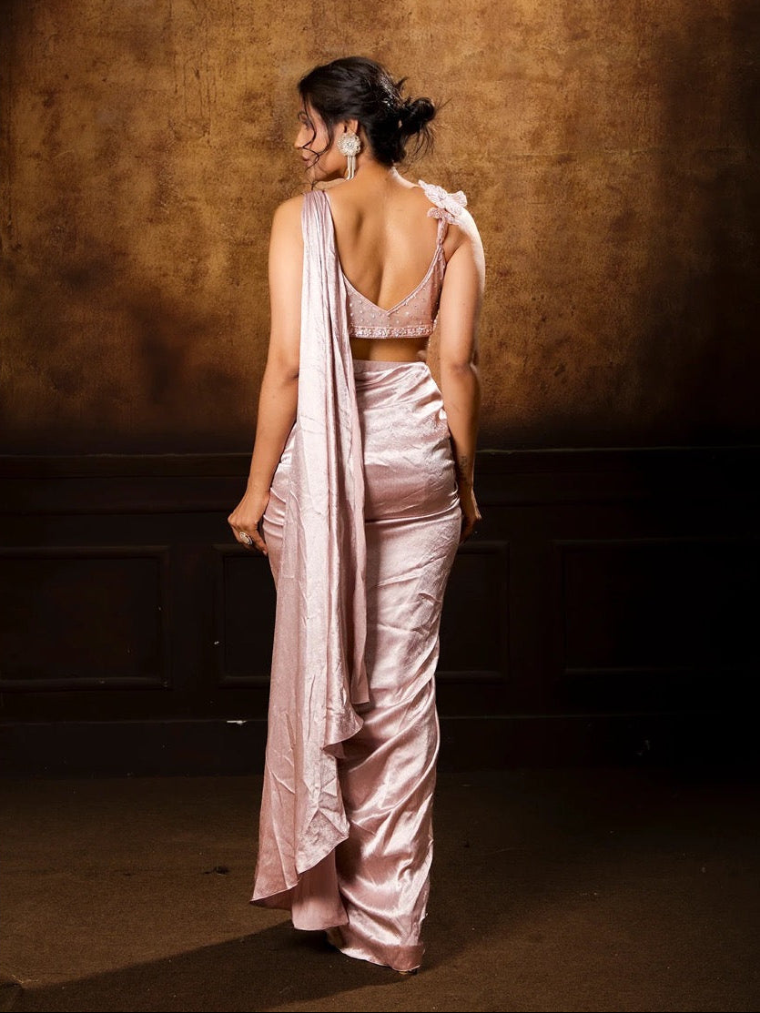 Blush Velvet Draped Saree Set