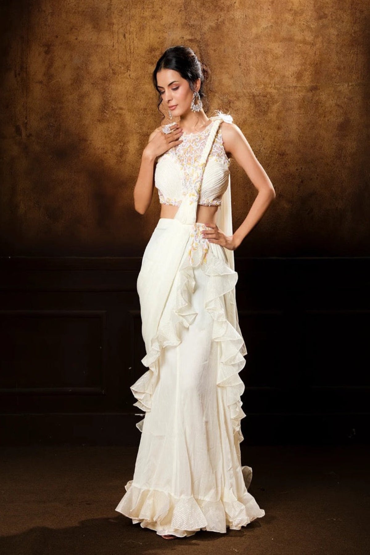 Ivory Ruffle Saree Set