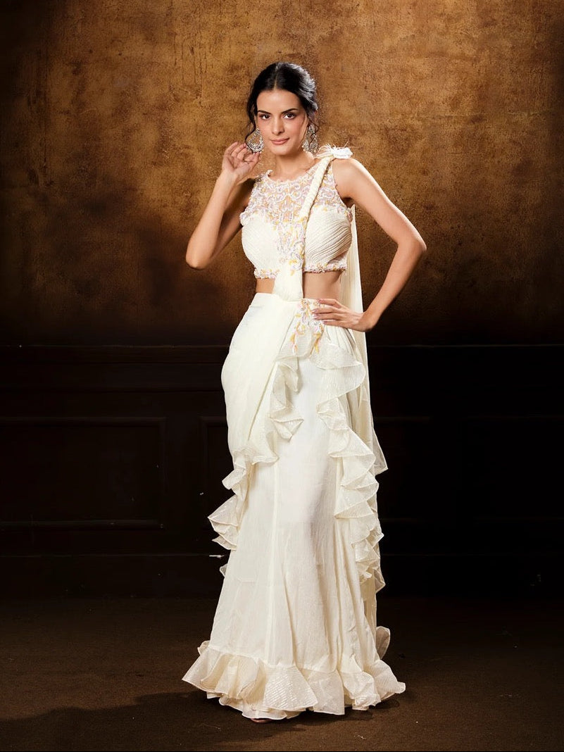 Ivory Ruffle Saree Set