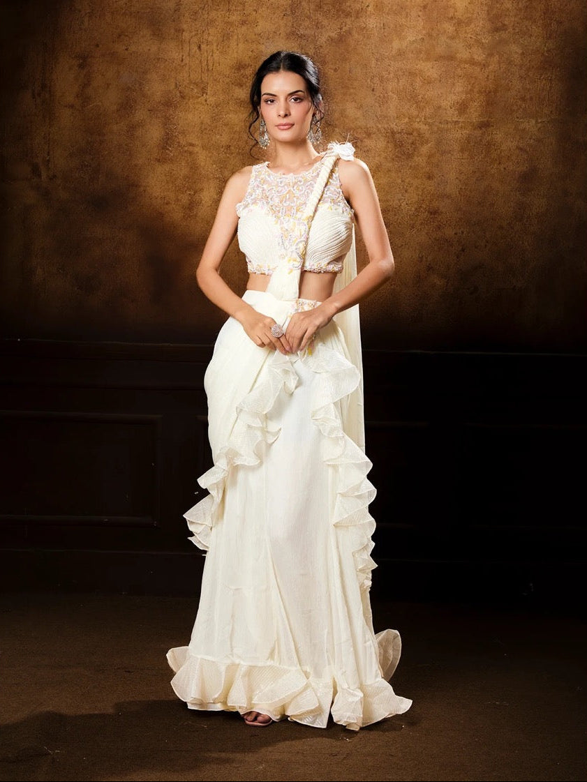 Ivory Ruffle Saree Set