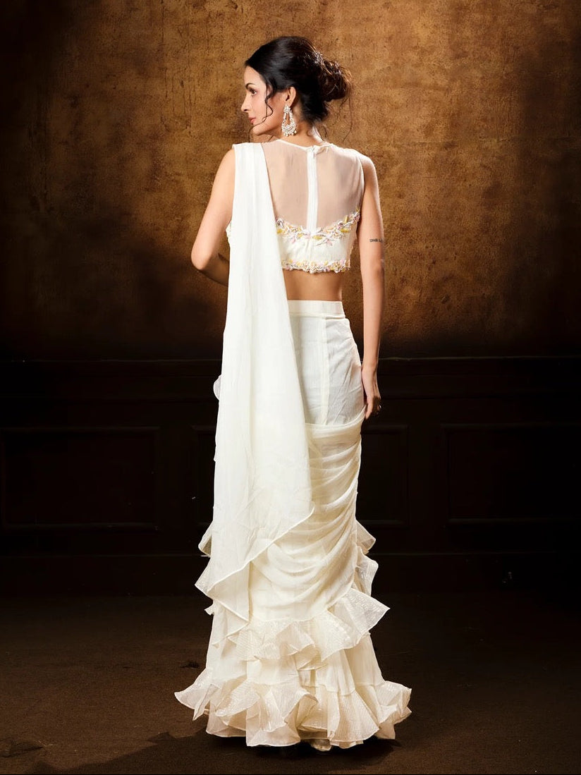 Ivory Ruffle Saree Set