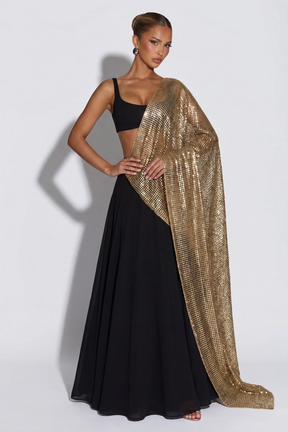 The Gold Net — hand-crocheted tilla gold thread dupatta with sunburst sequin discs by Dorie Atelier