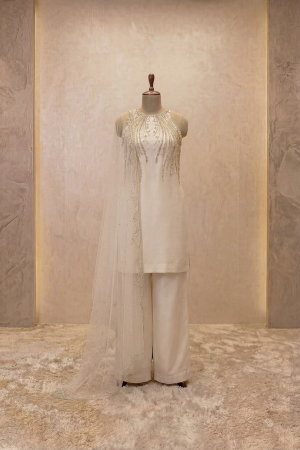Ivory Cascade Embellished Palazzo Set
