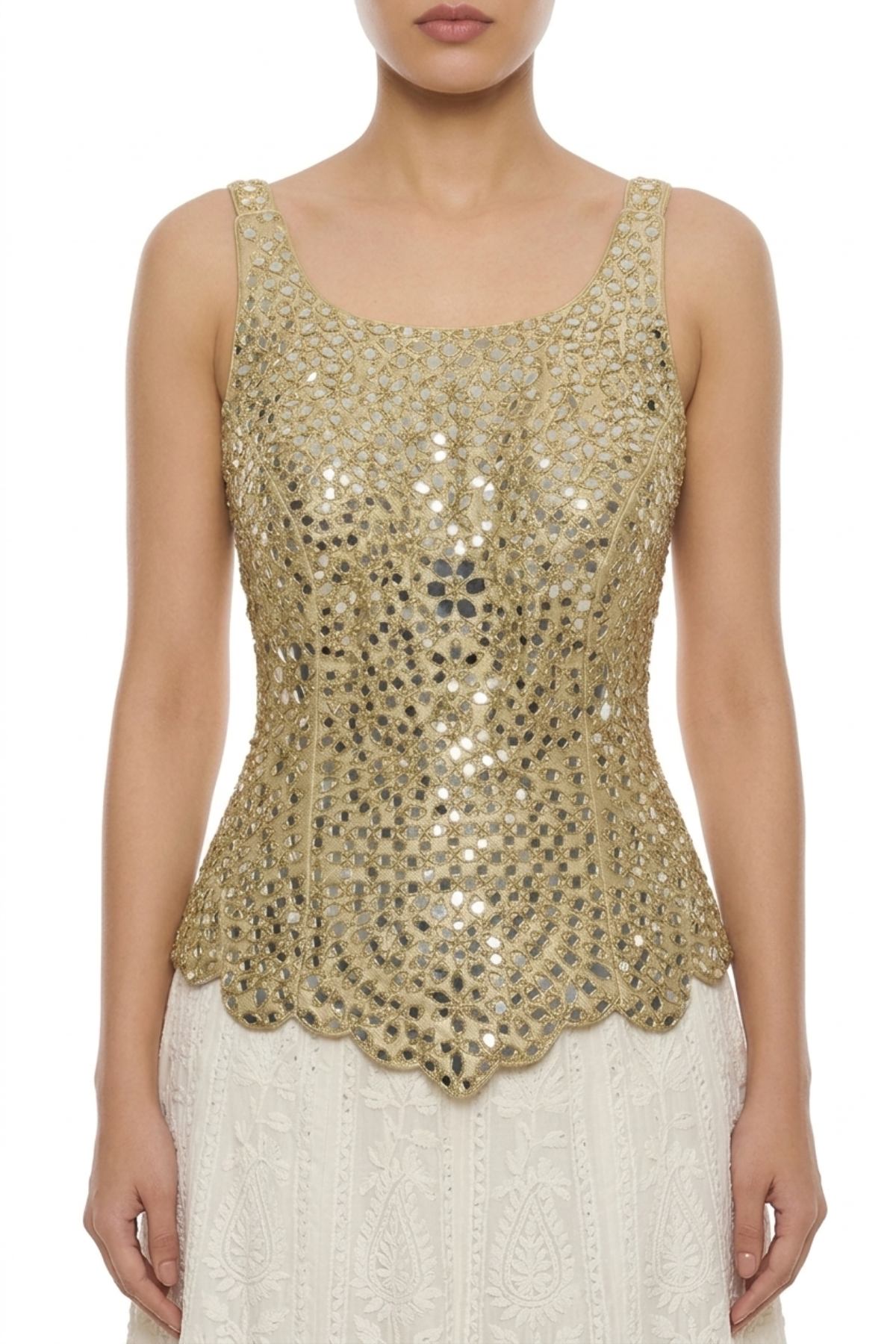 Gold embroidered blouse by Dorie Atelier — front view