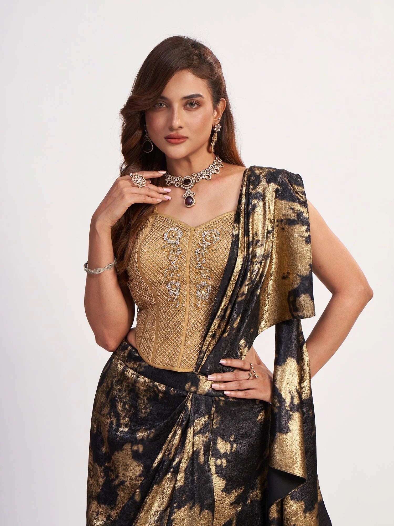 Gold & Black Corset Saree Set