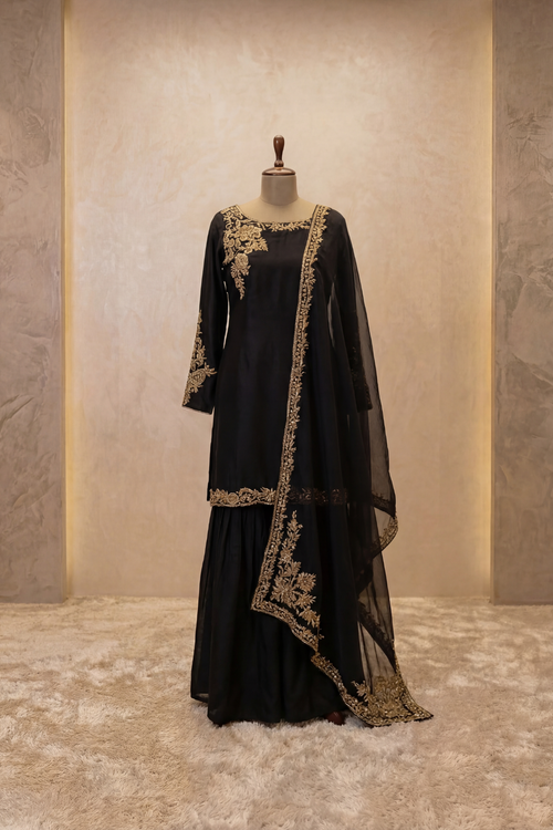 Midnight Noir Embroidered Sharara Set