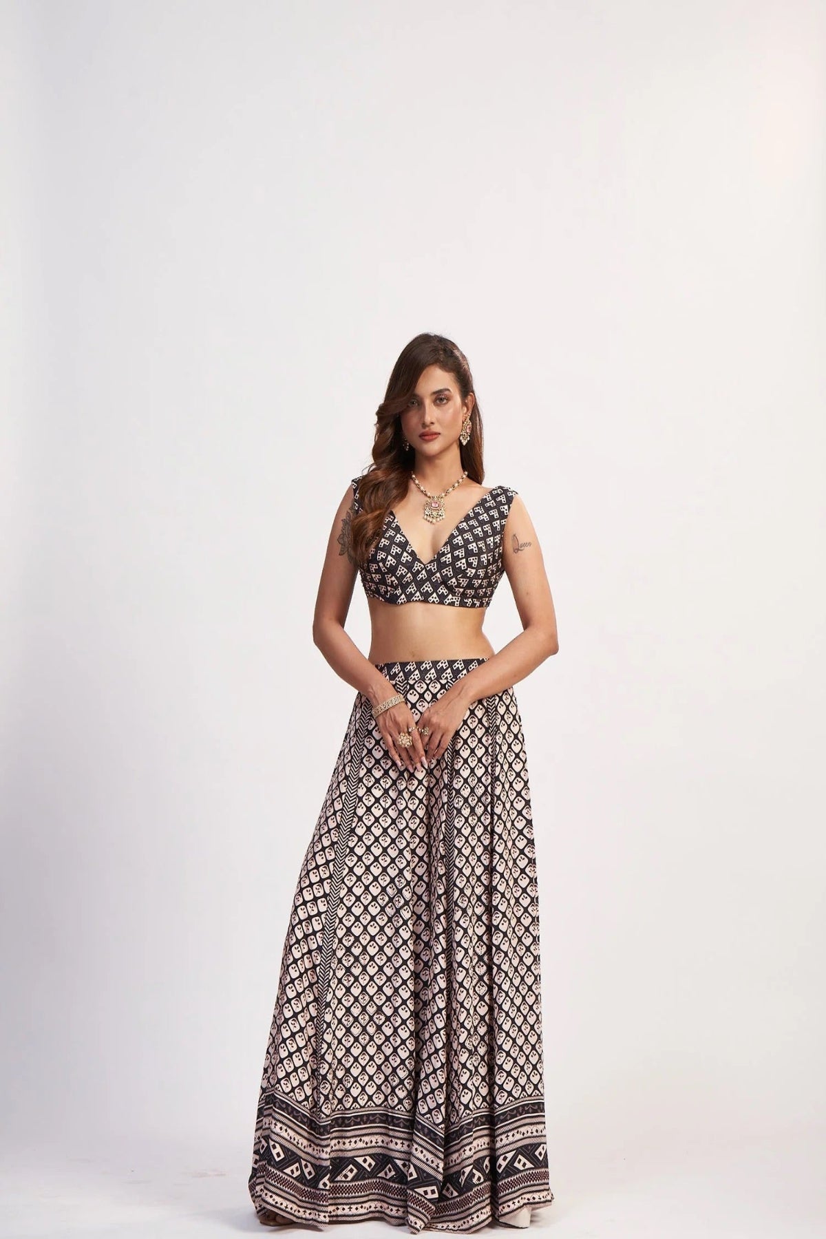 Black and Ivory Printed Lehenga