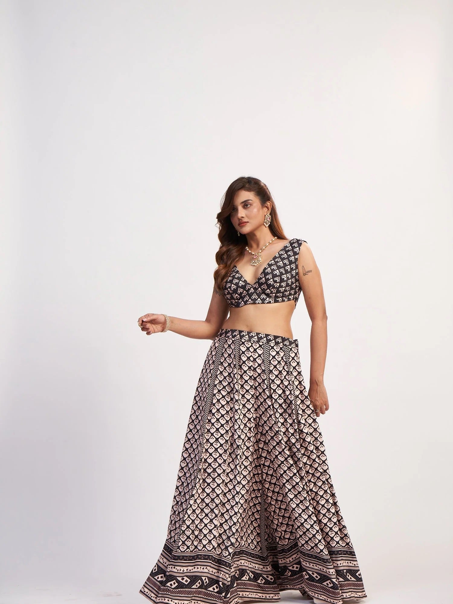 Black and Ivory Printed Lehenga