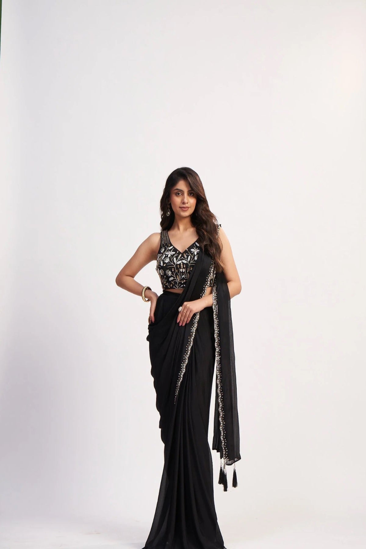 Black Chinon Saree Set