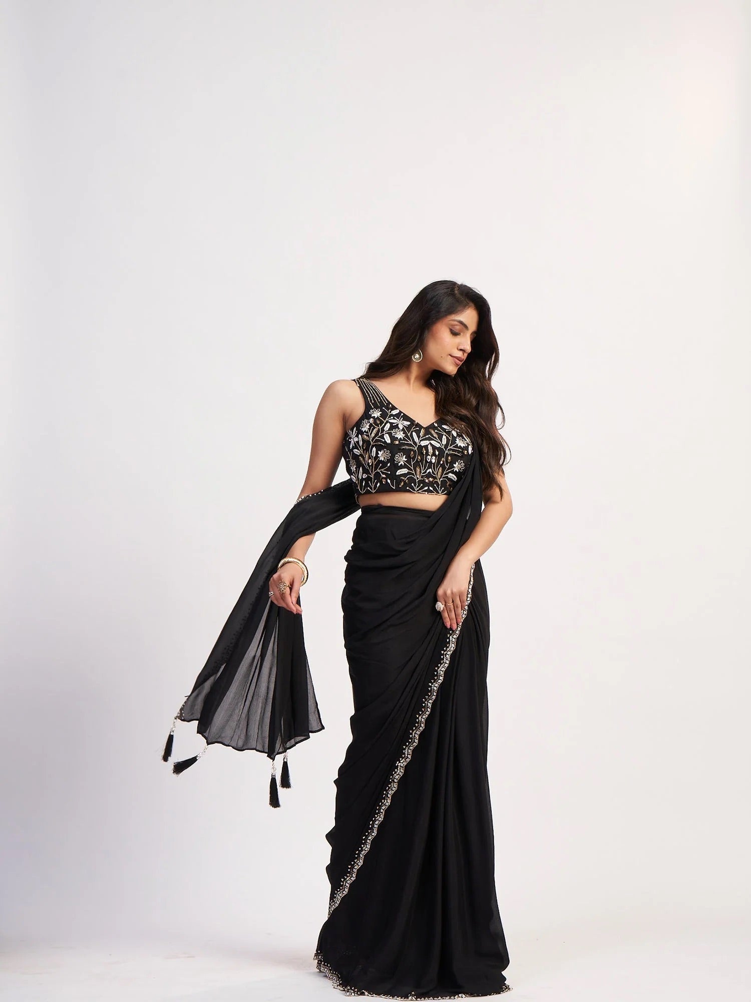Black Chinon Saree Set
