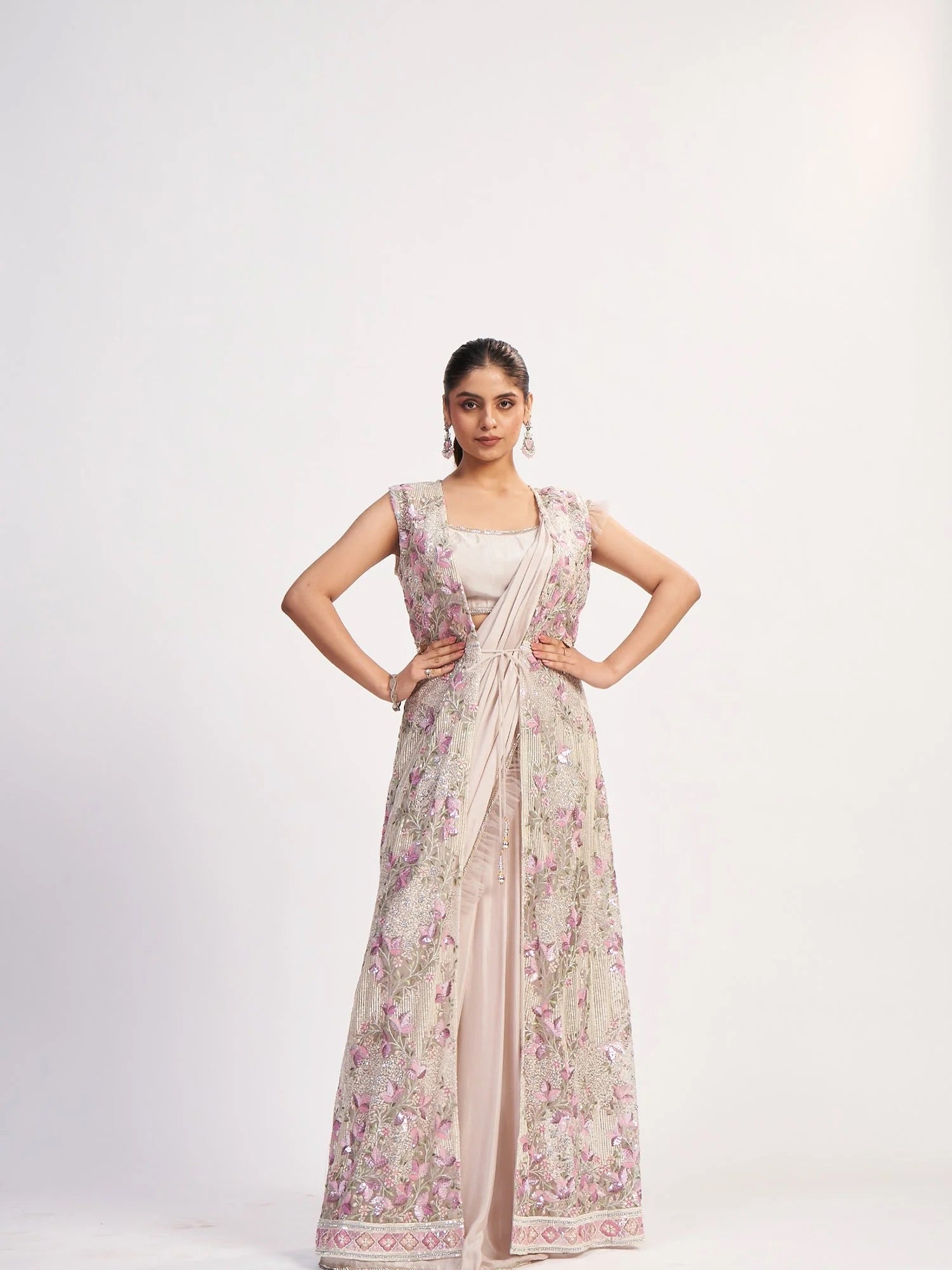 Blush Pink Embroidered Jacket Saree