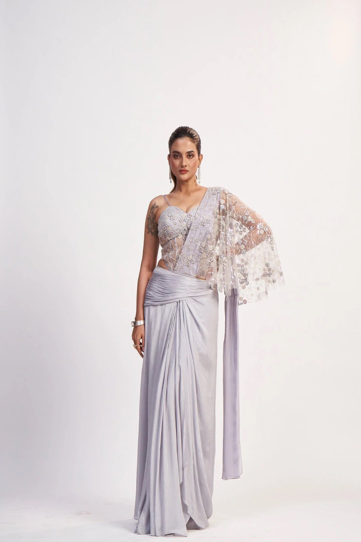 Silver Grey Chinon Saree with Corset Blouse