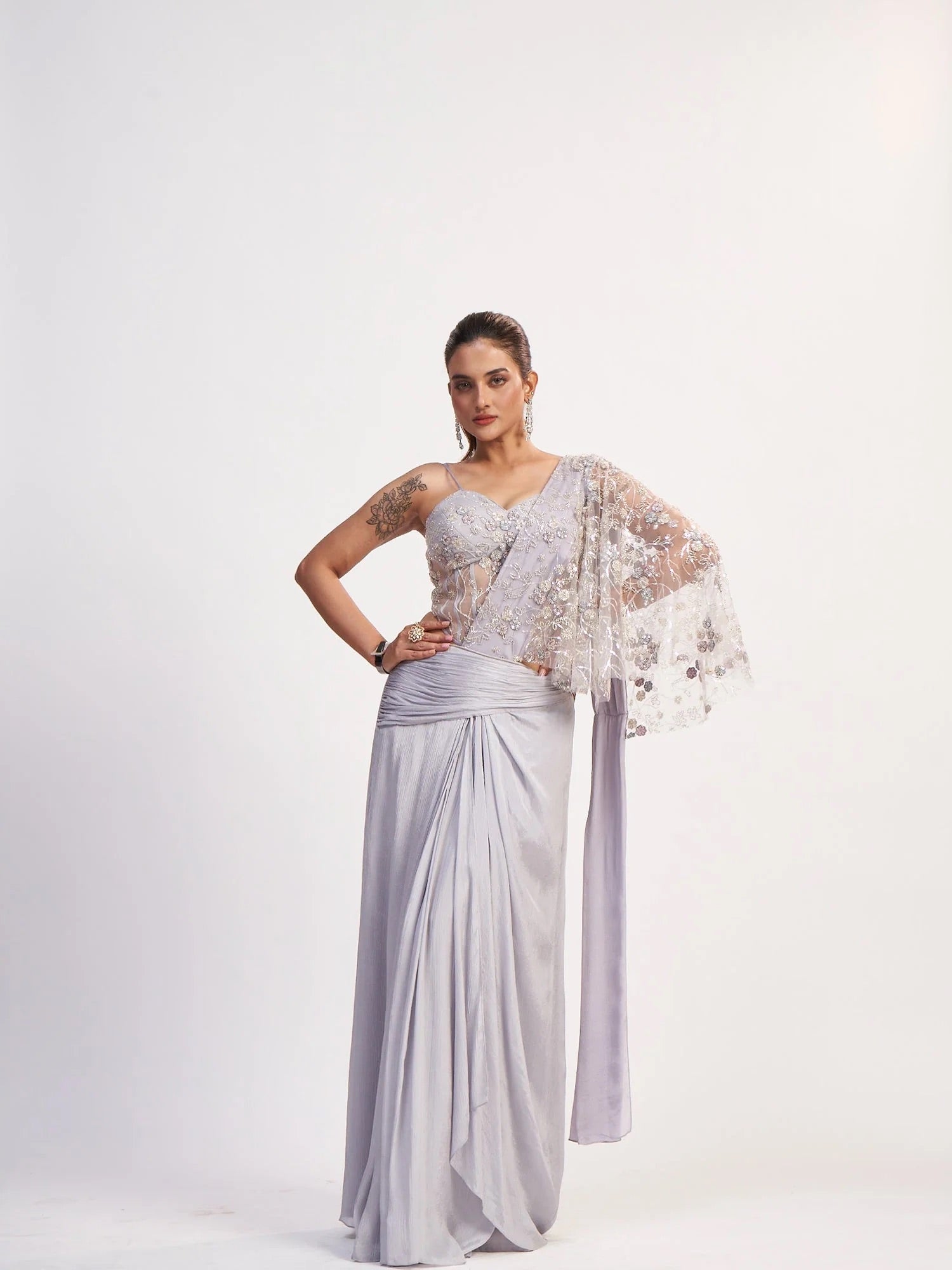 Silver Grey Chinon Saree with Corset Blouse