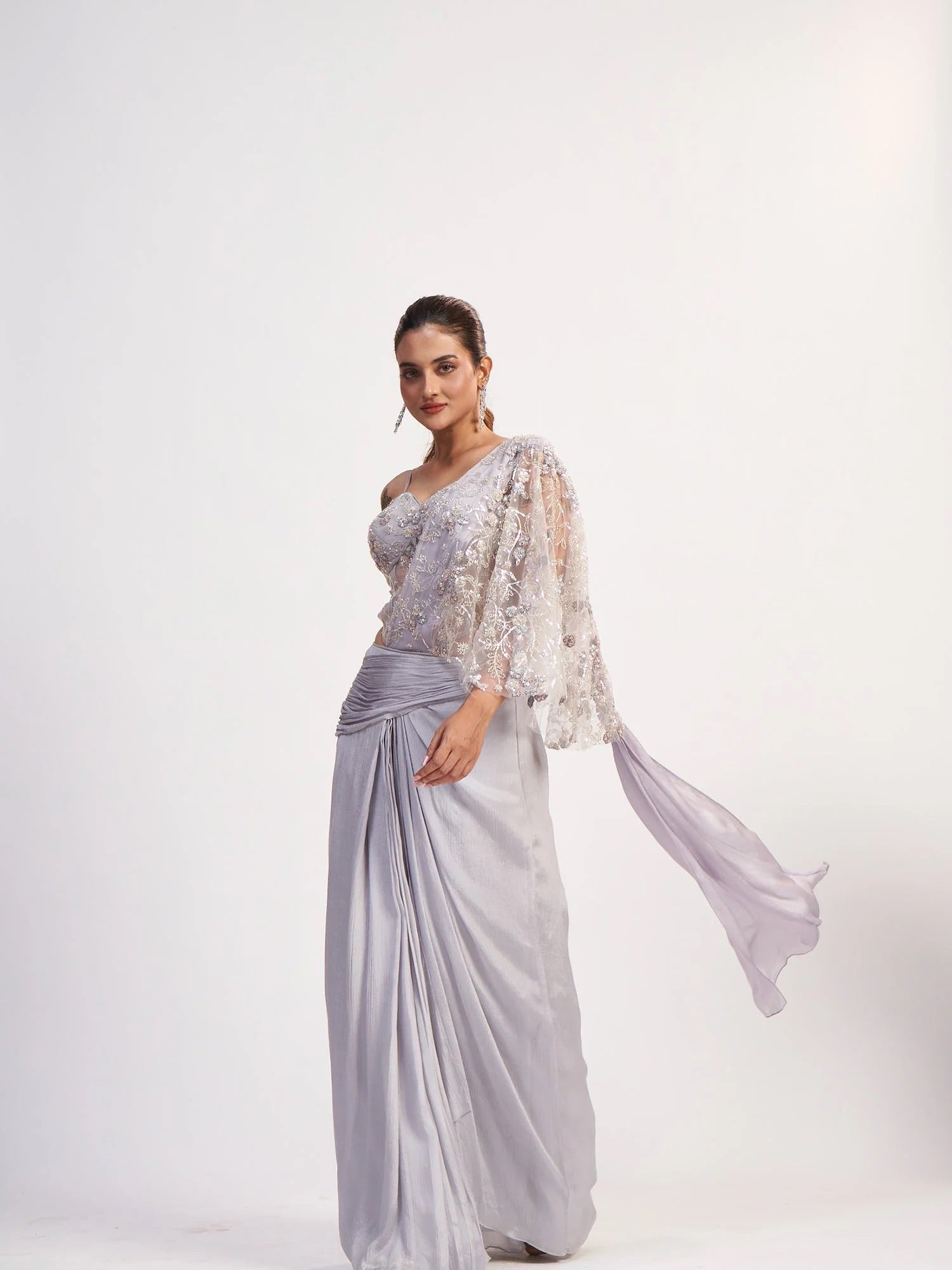 Silver Grey Chinon Saree with Corset Blouse