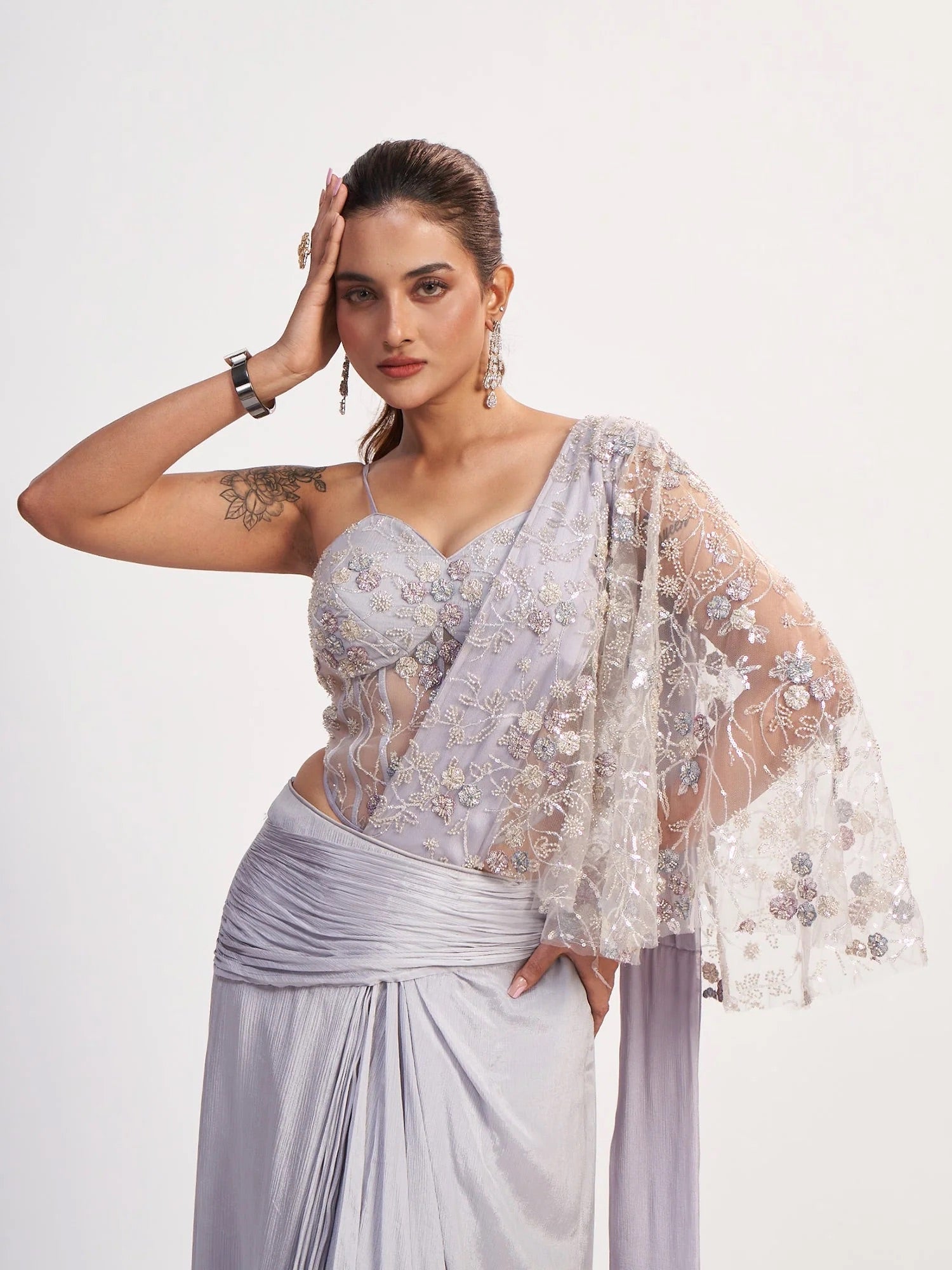 Silver Grey Chinon Saree with Corset Blouse