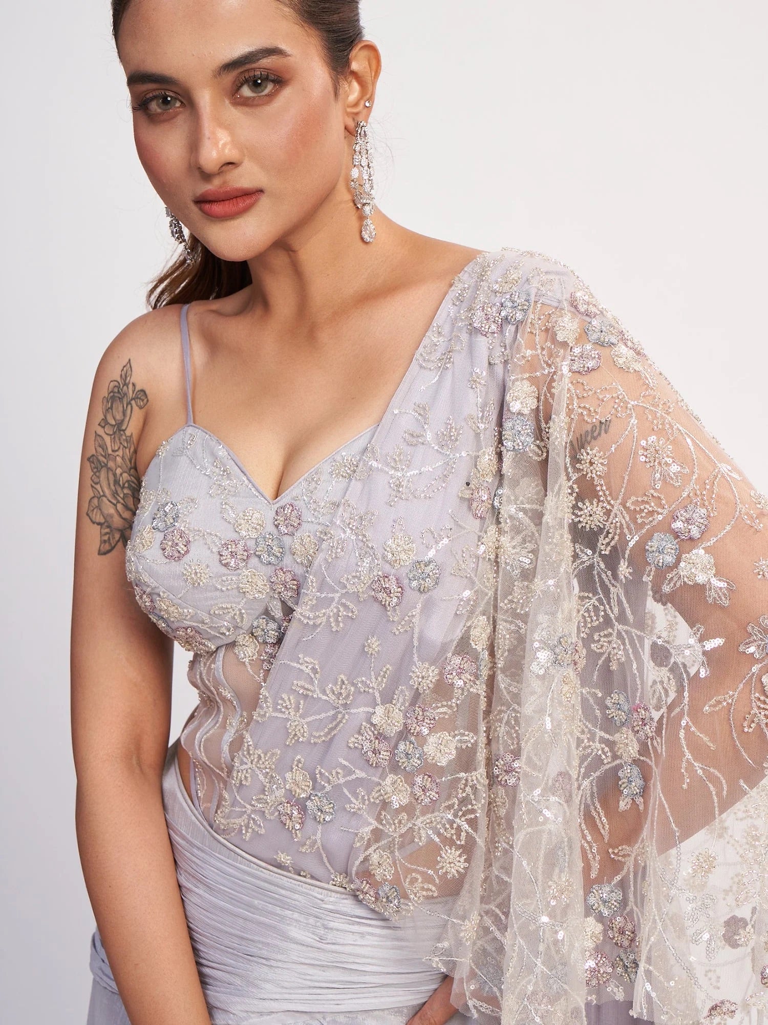 Silver Grey Chinon Saree with Corset Blouse