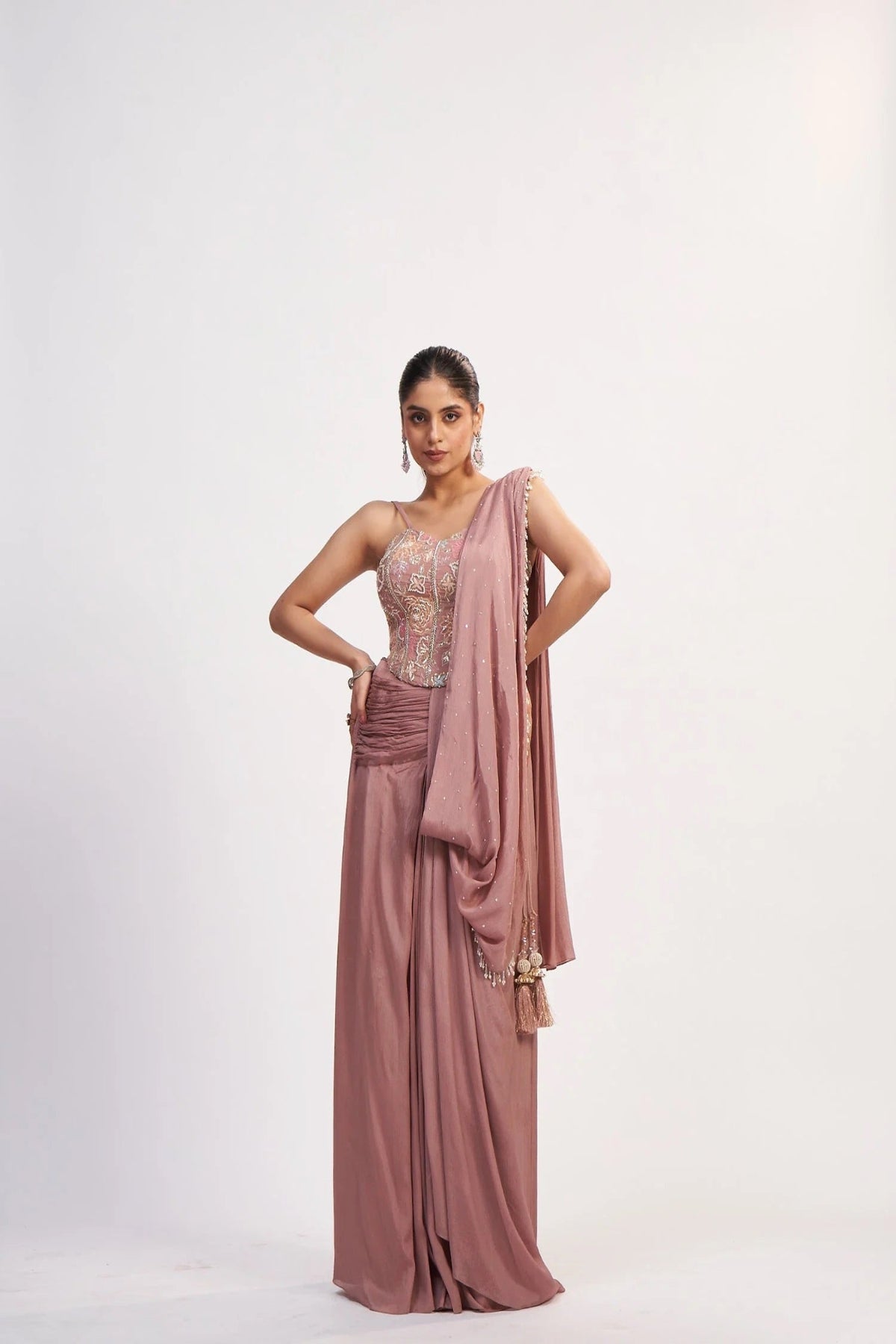 Dusty Mauve Chinon Saree with Corset Blouse