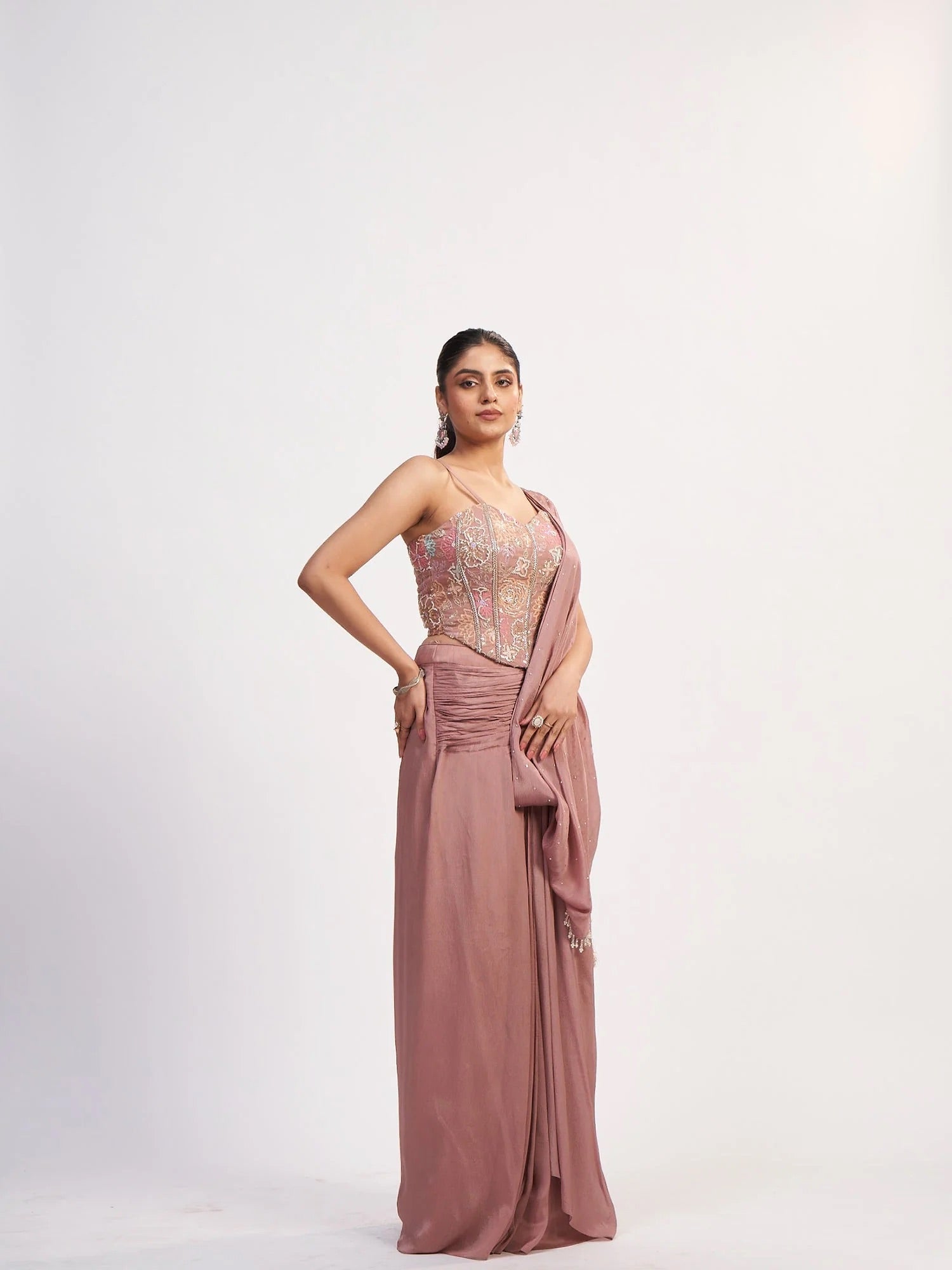 Dusty Mauve Chinon Saree with Corset Blouse