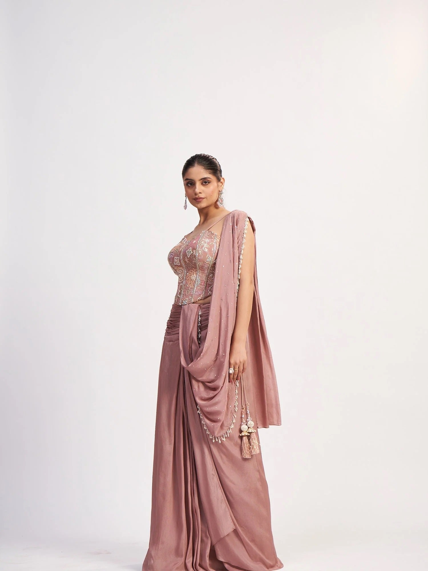 Dusty Mauve Chinon Saree with Corset Blouse