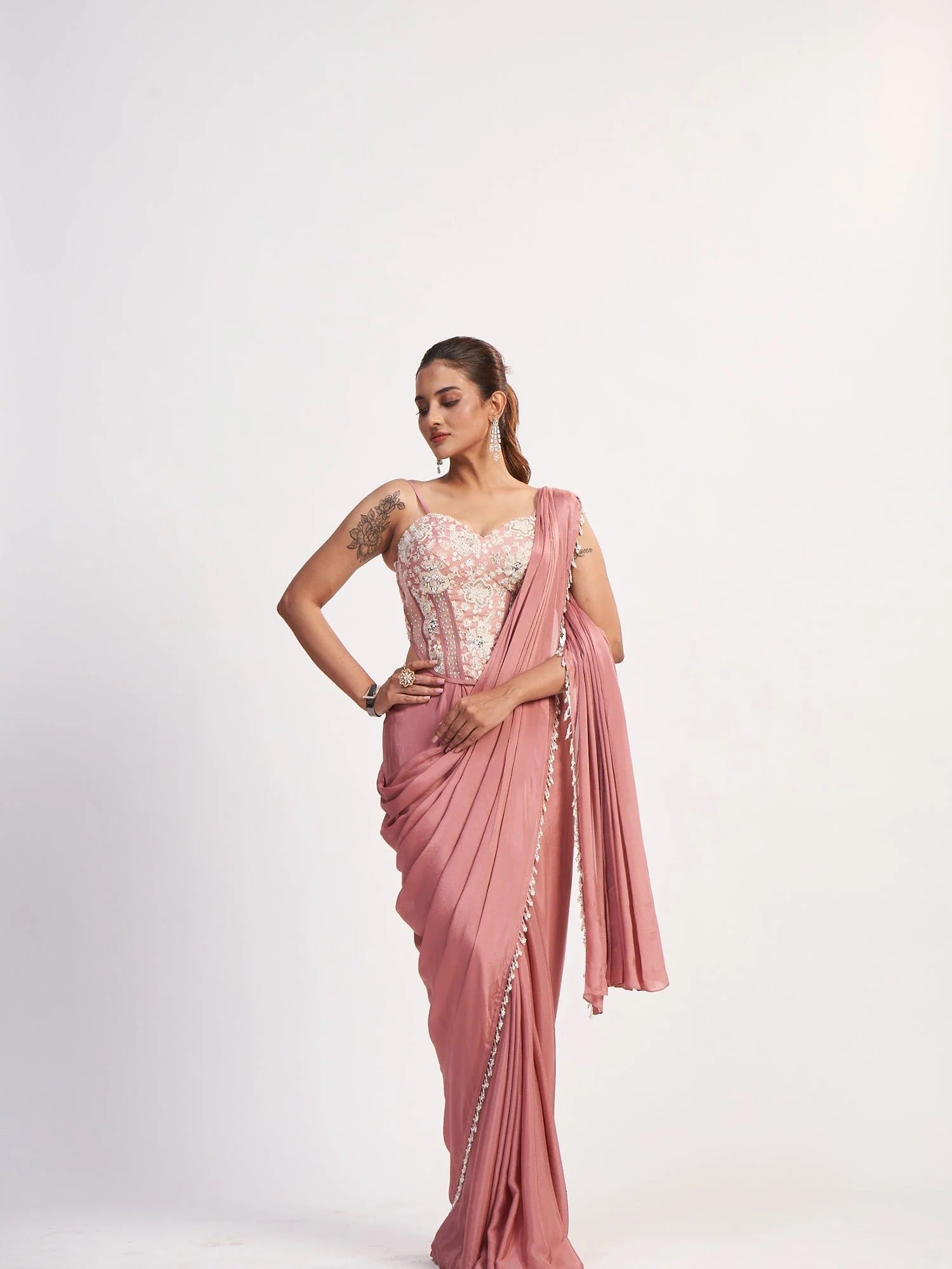 Dusty Rose Corset Chinon Saree