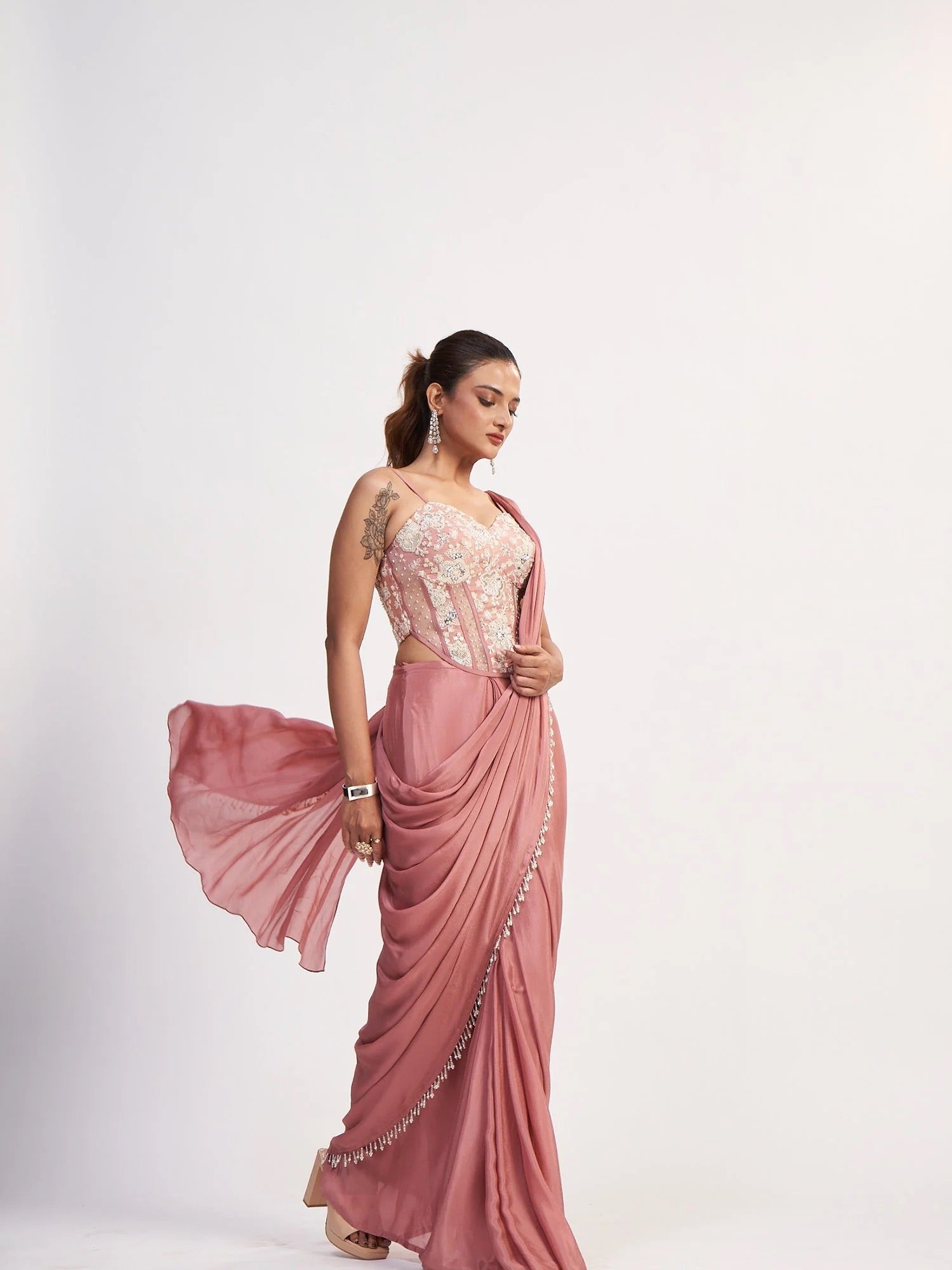 Dusty Rose Corset Chinon Saree