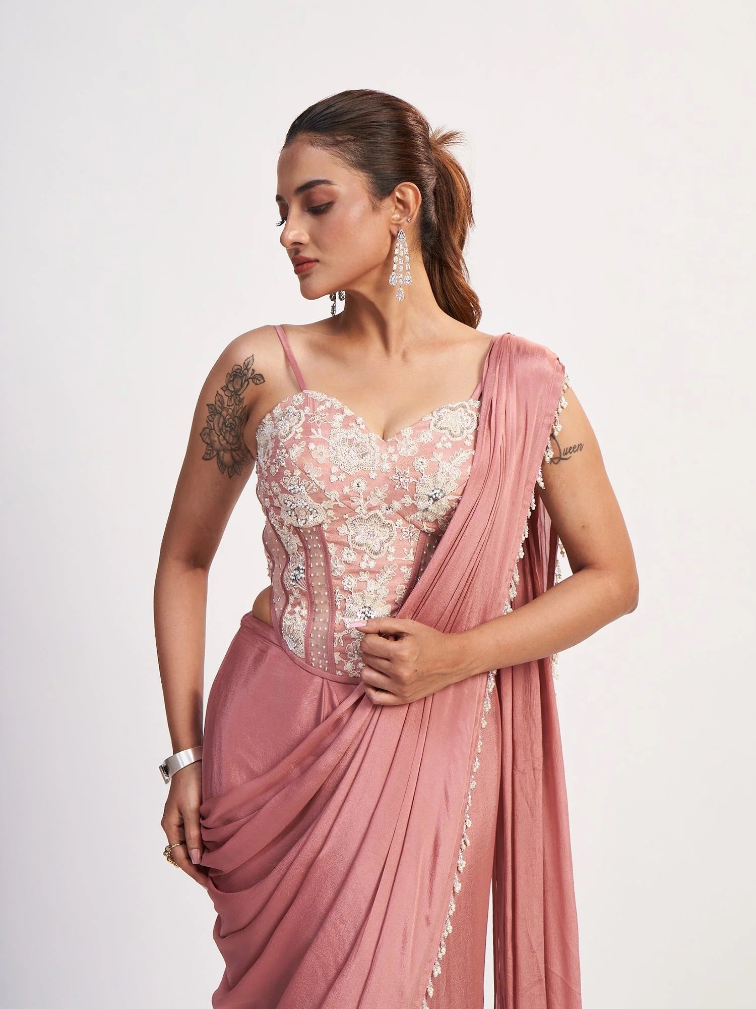 Dusty Rose Corset Chinon Saree