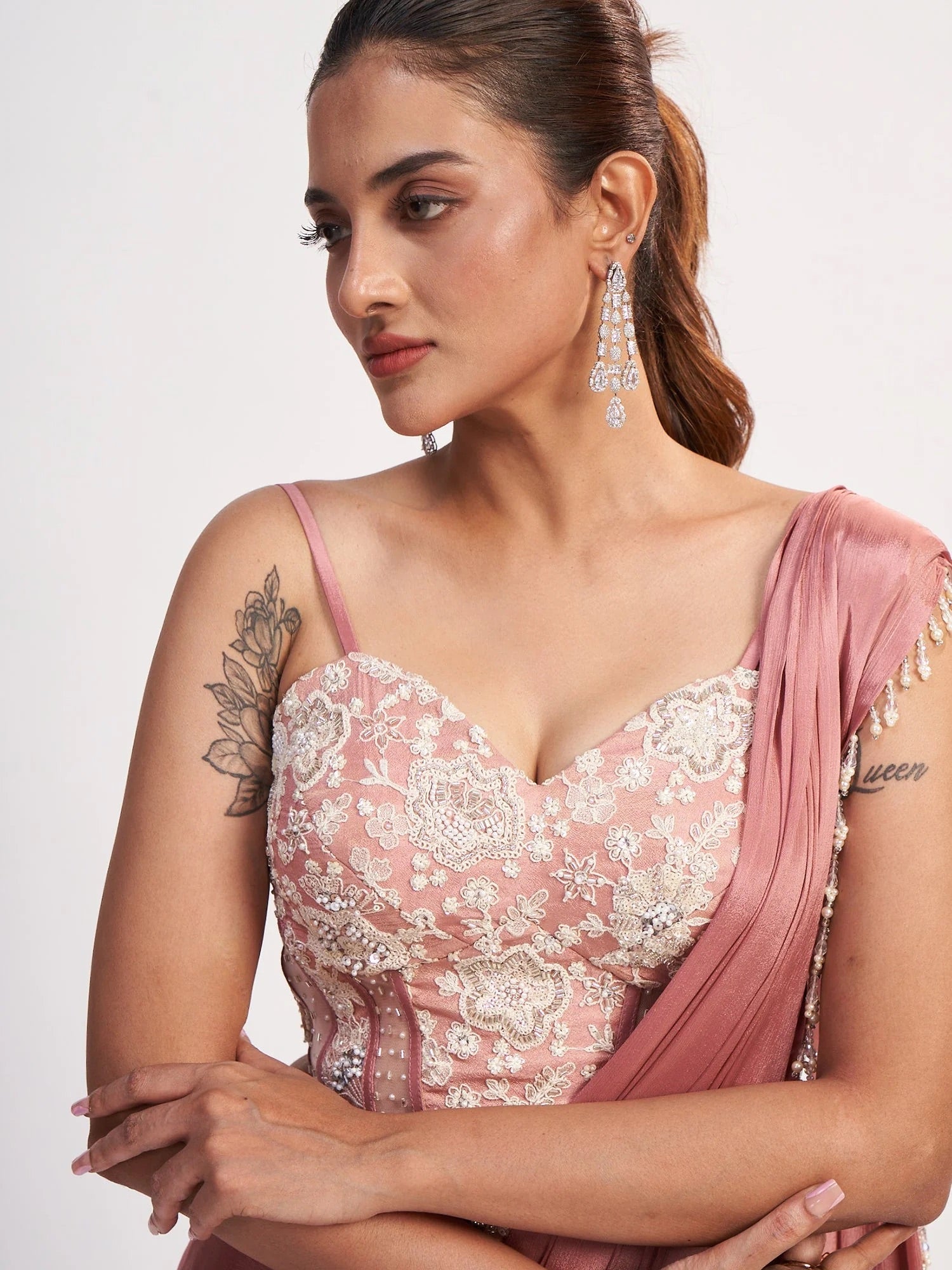Dusty Rose Corset Chinon Saree