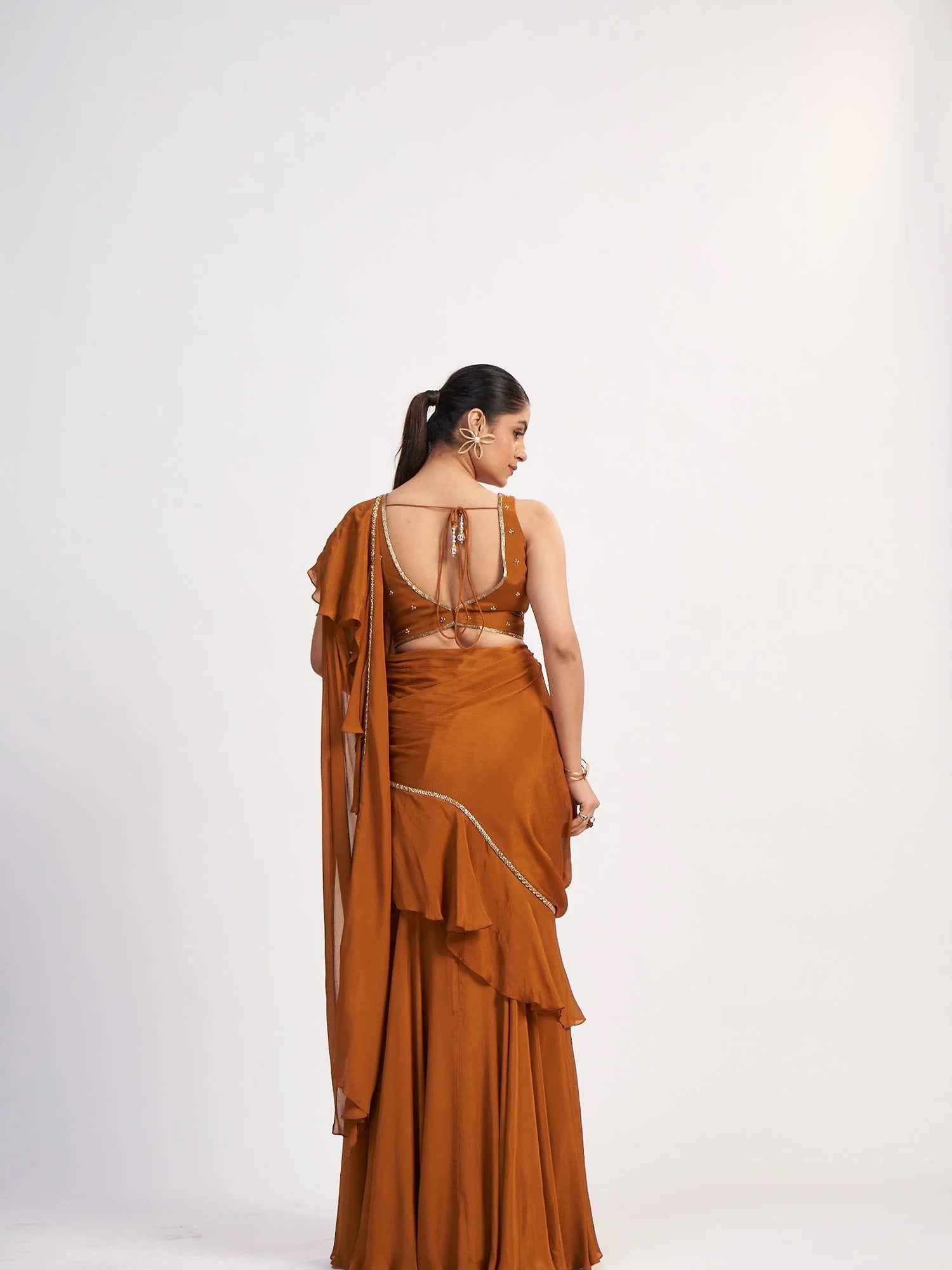 Rust Chinon Pre-Draped Saree