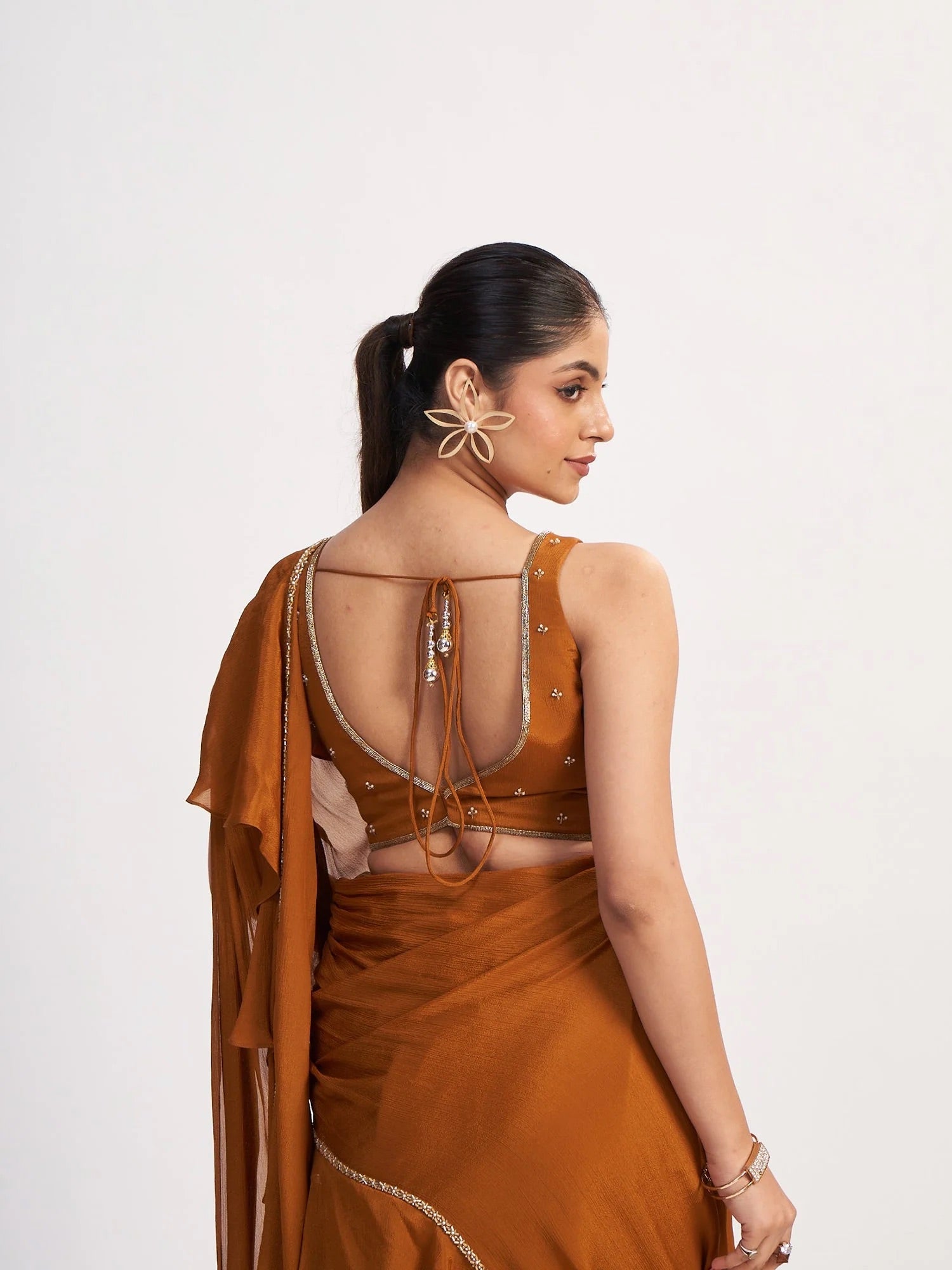 Rust Chinon Pre-Draped Saree