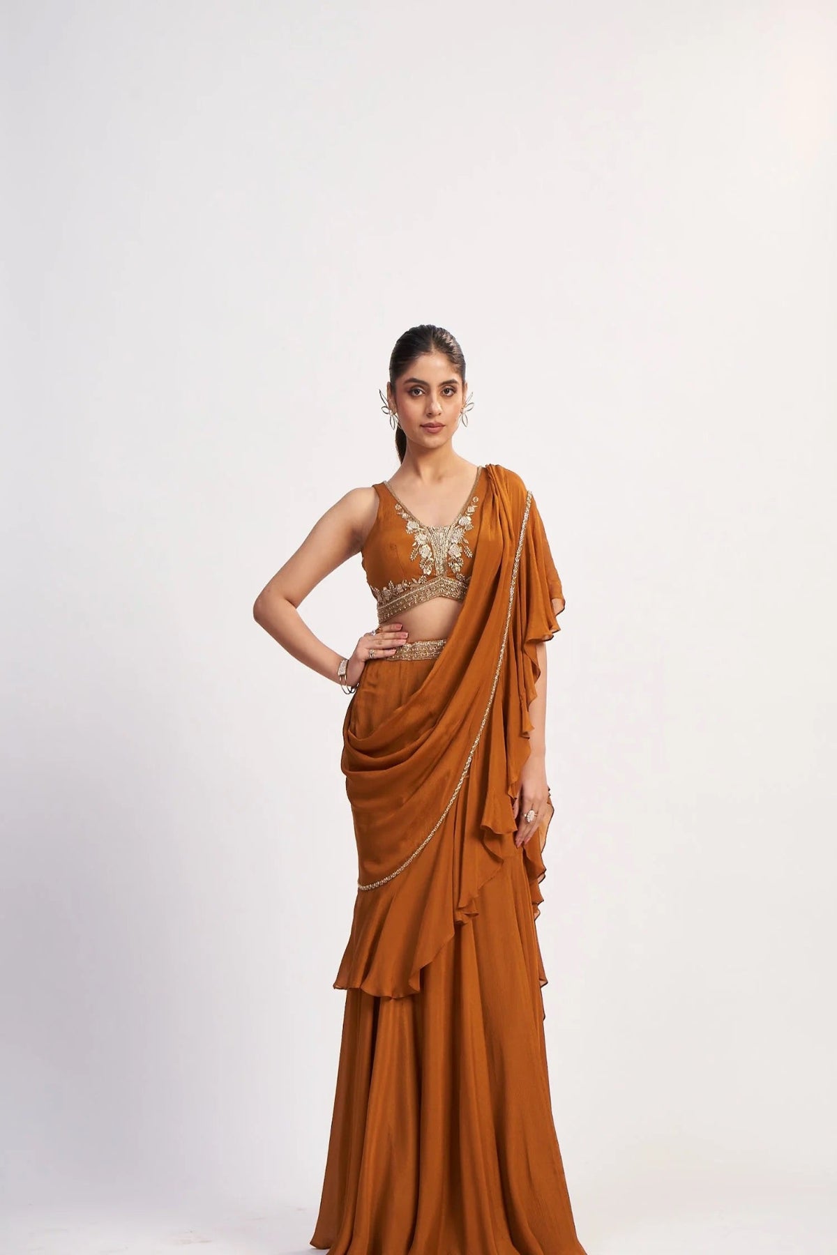 Rust Chinon Pre-Draped Saree
