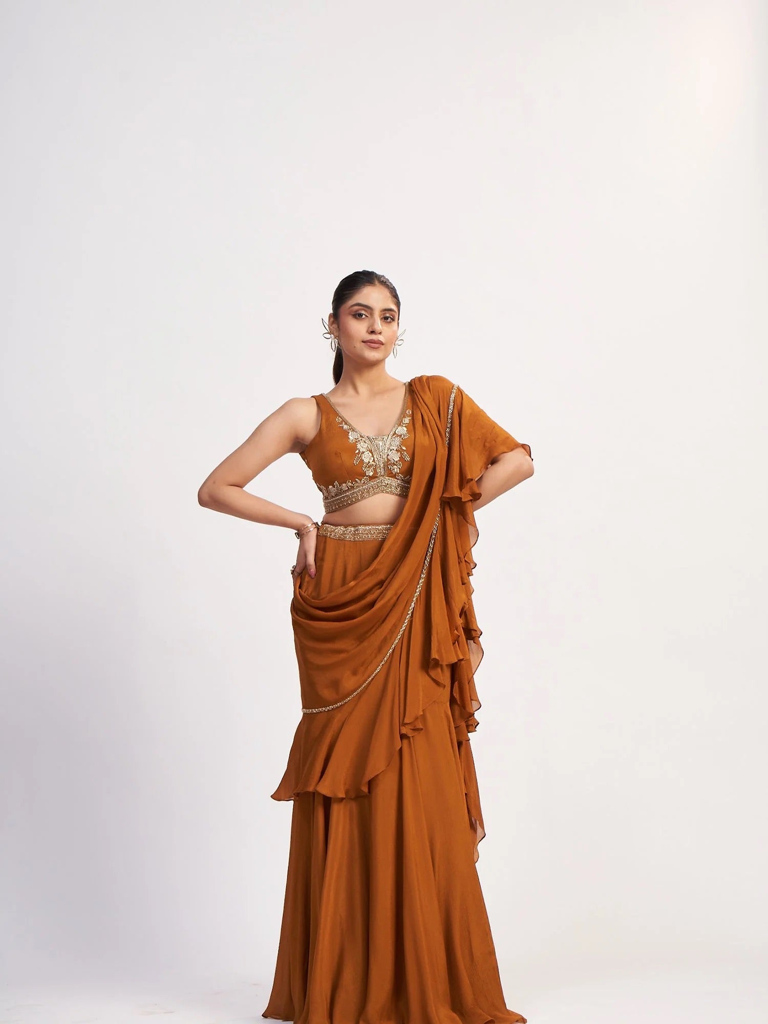 Rust Chinon Pre-Draped Saree