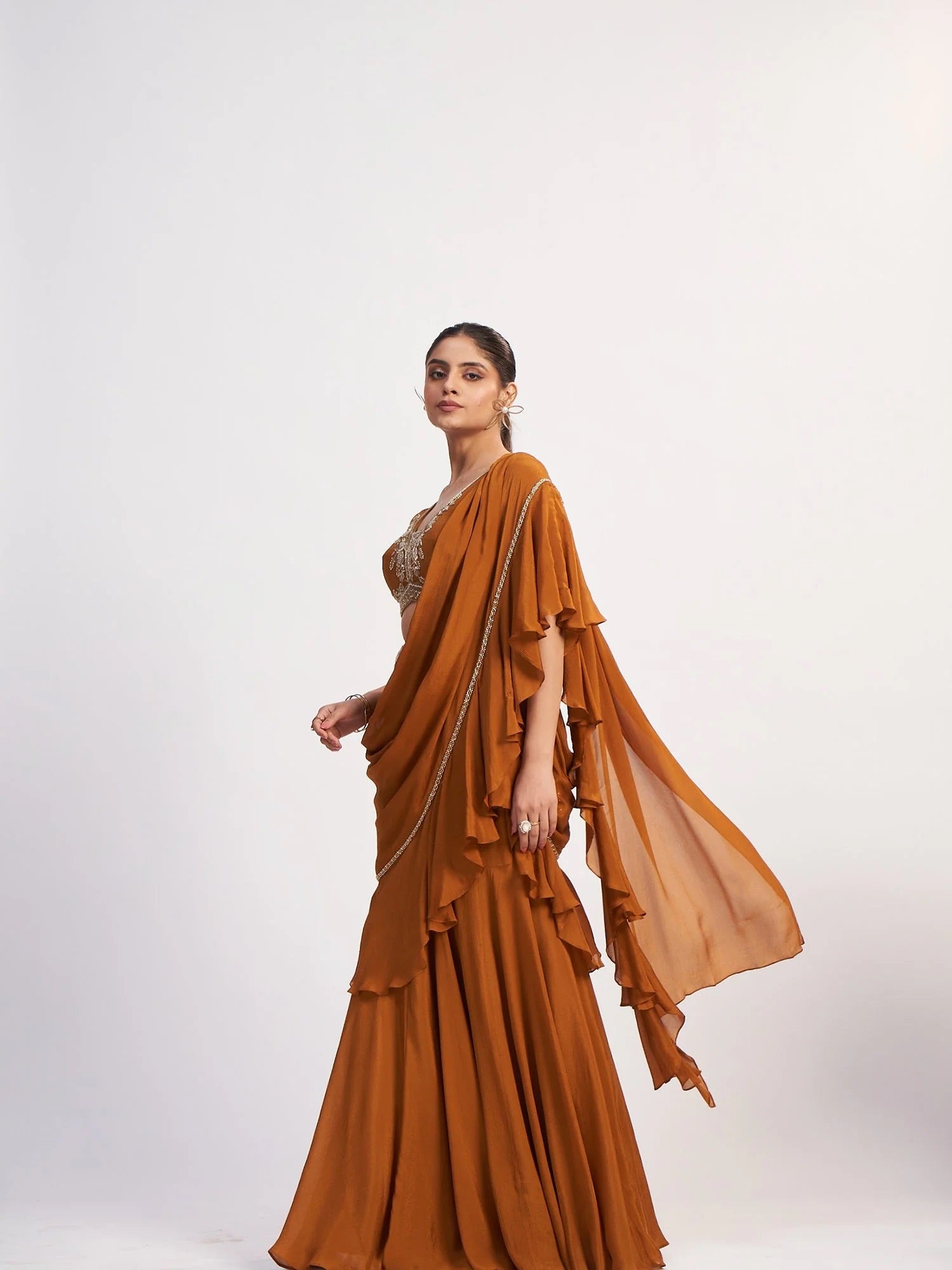 Rust Chinon Pre-Draped Saree