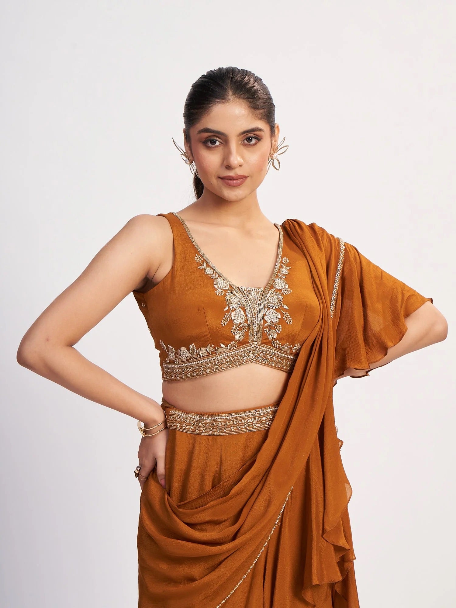 Rust Chinon Pre-Draped Saree