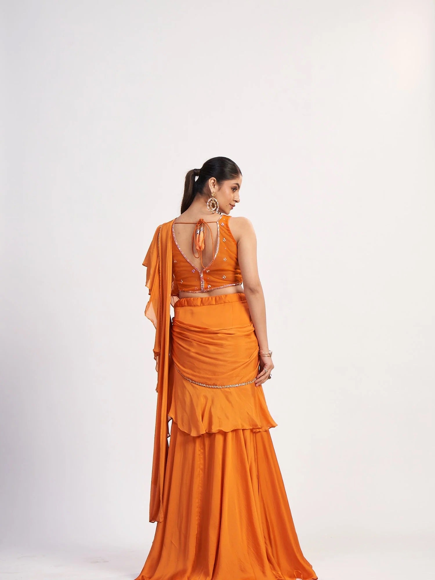 Orange Chinon Saree Gown with Mirror Work