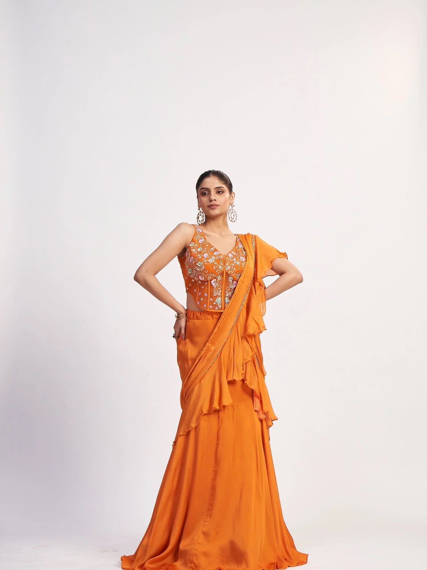 Orange Chinon Saree Gown with Mirror Work