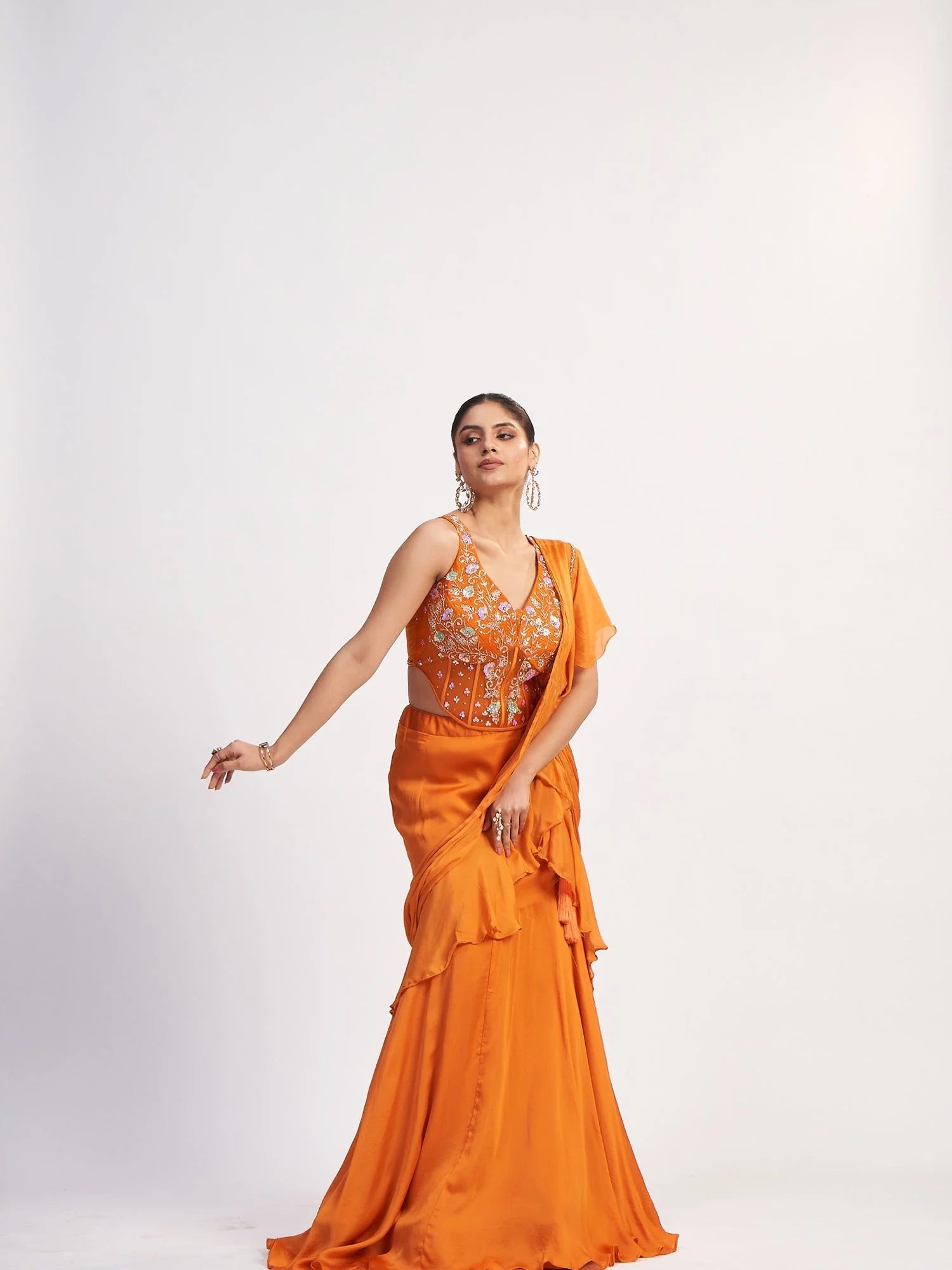Orange Chinon Saree Gown with Mirror Work