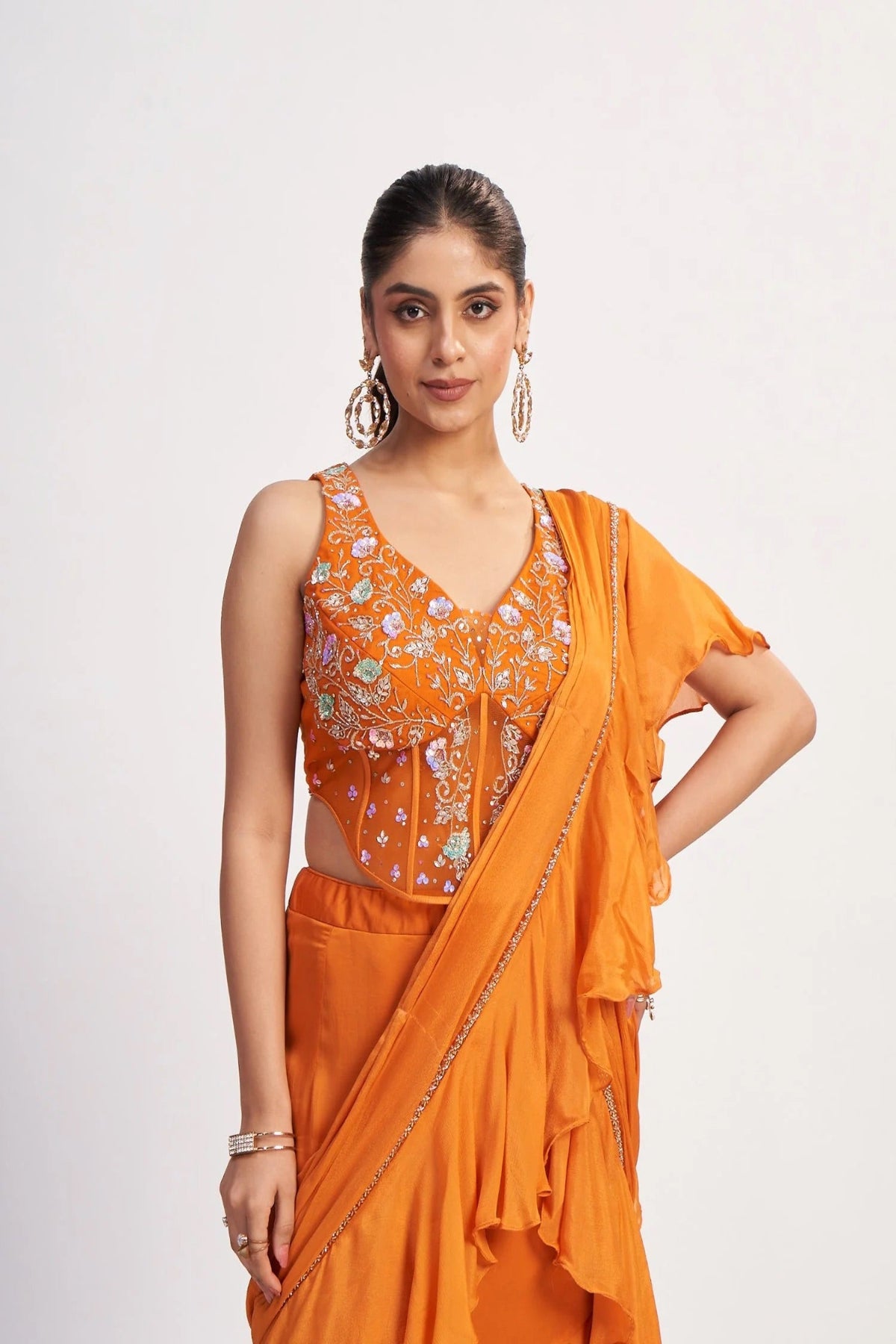 Orange Chinon Saree Gown with Mirror Work