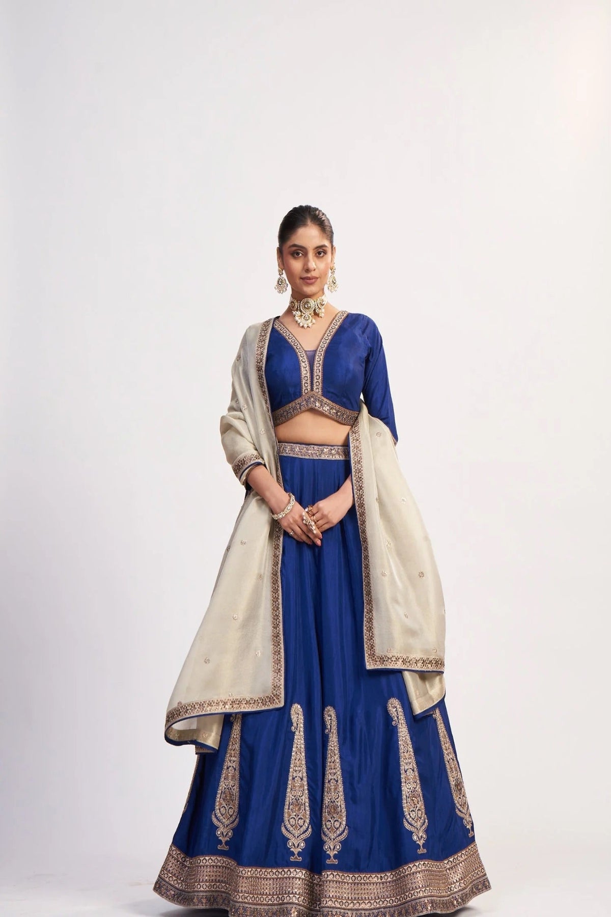 Royal Blue Chinon Threadwork Lehenga