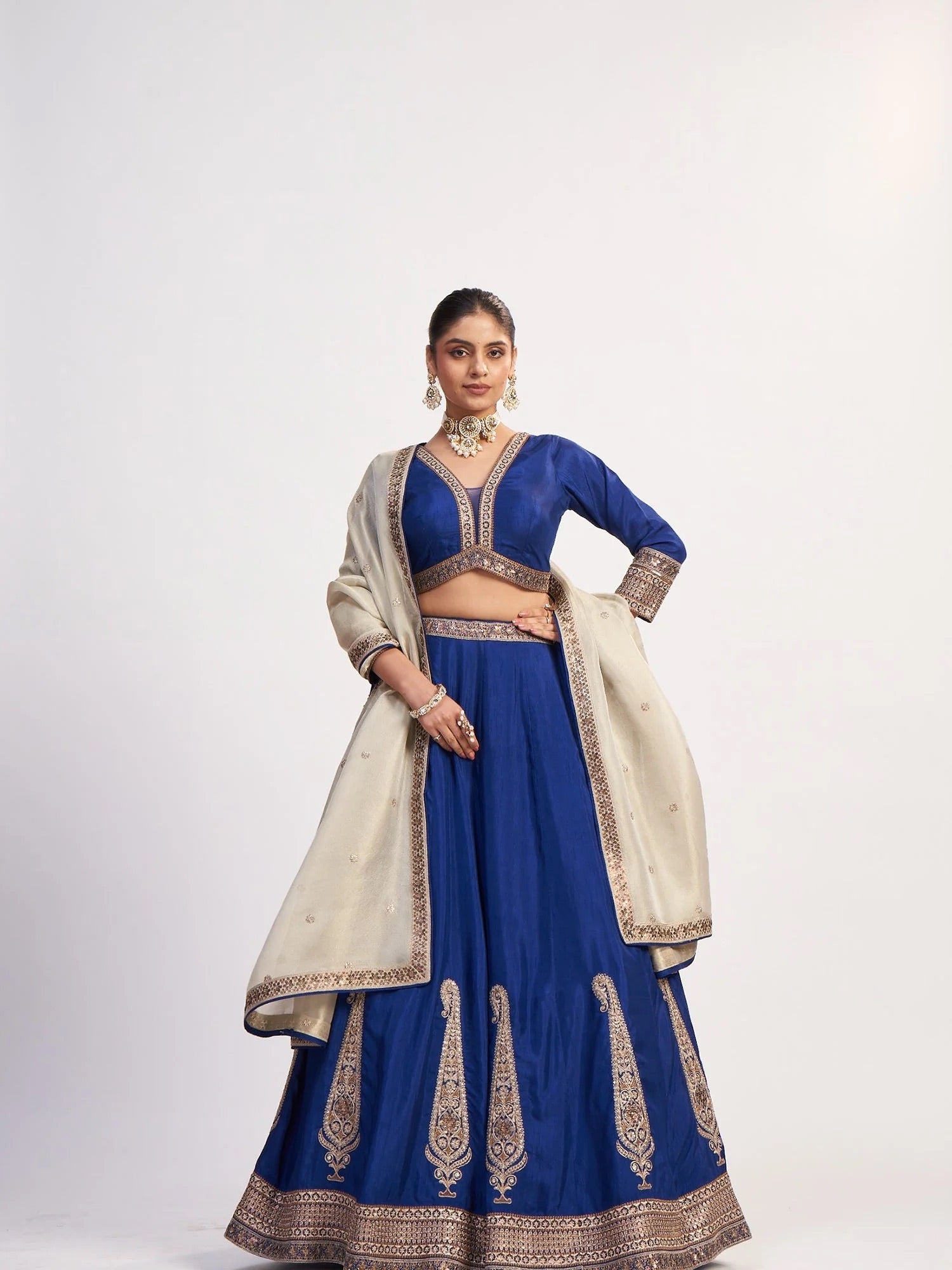 Royal Blue Chinon Threadwork Lehenga