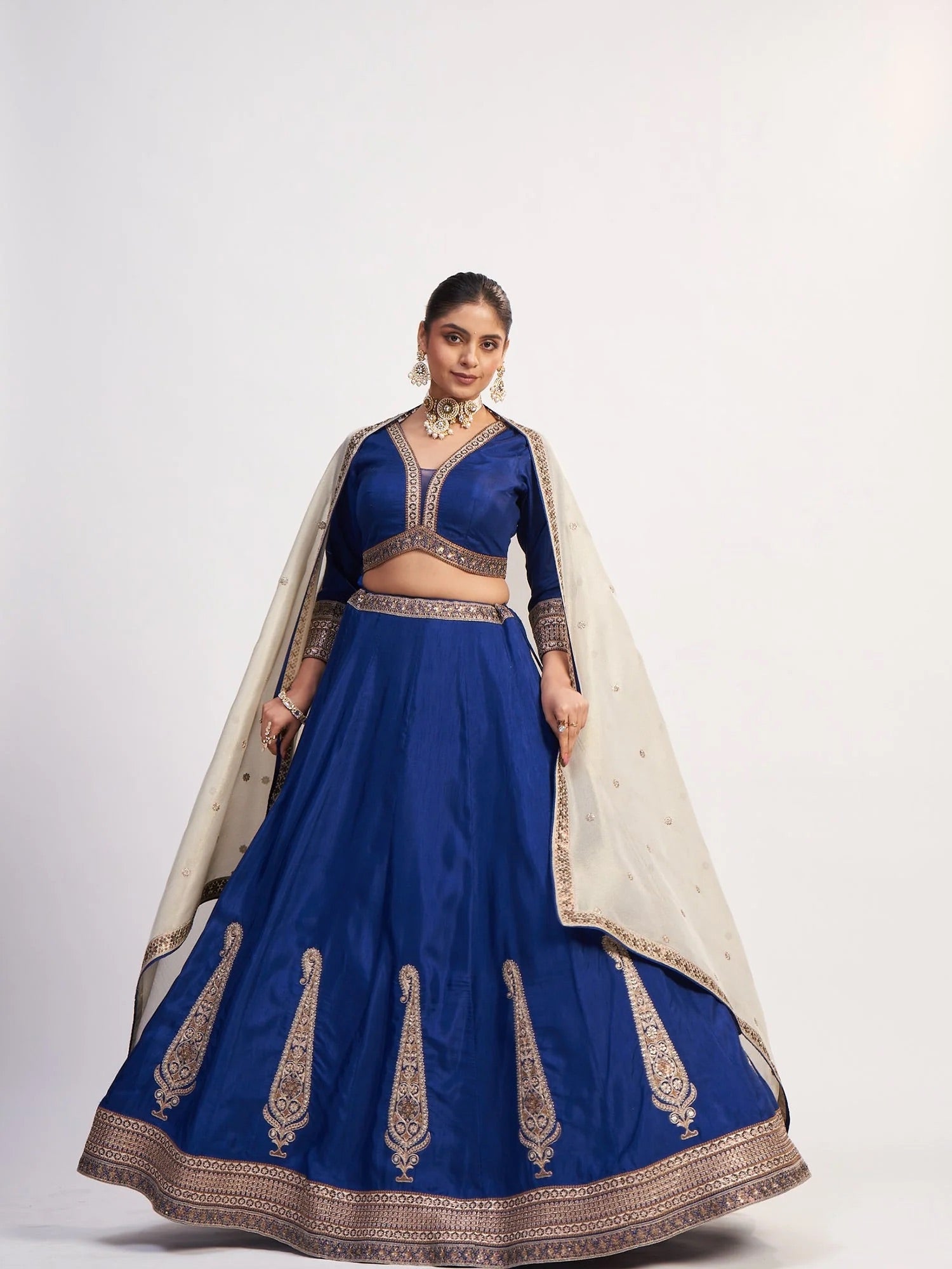 Royal Blue Chinon Threadwork Lehenga